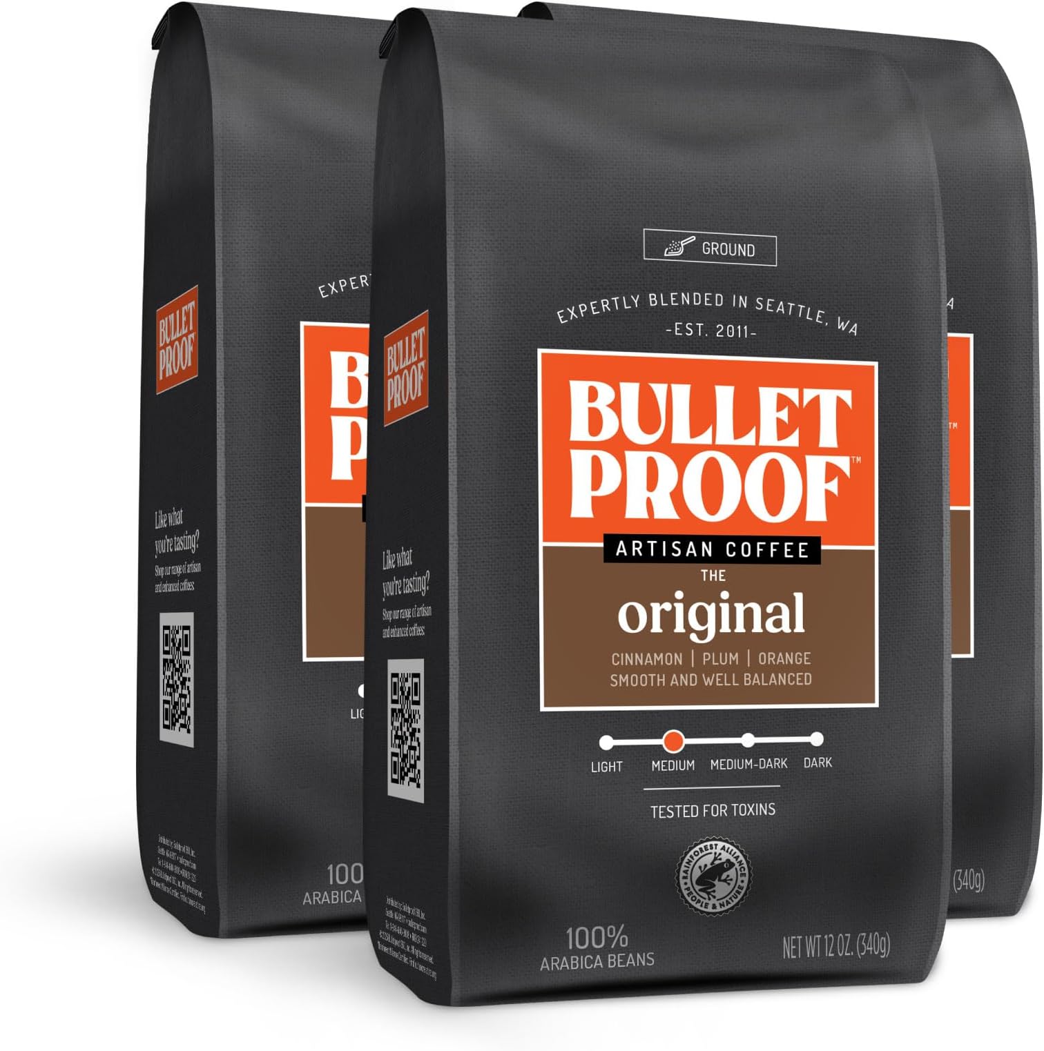 Bulletproof Original Medium Roast Ground Coffee, 100% Arabica Coffee, Tested for Toxins, Clean Coffee Sustainably Sourced, 12 Ounces (3 Pack)