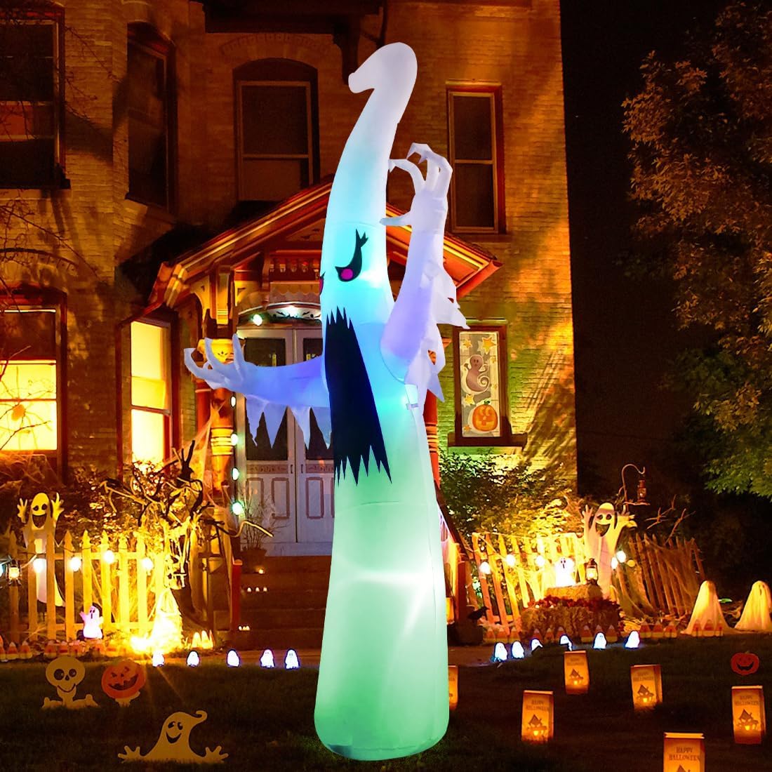GOOSH 12 FT Halloween Inflatables Ghost Outdoor Decorations Blow Up Yard Giant Scary Red Eye Ghost with Built-in Colorful LEDs for Garden Lawn Indoor Party Decor