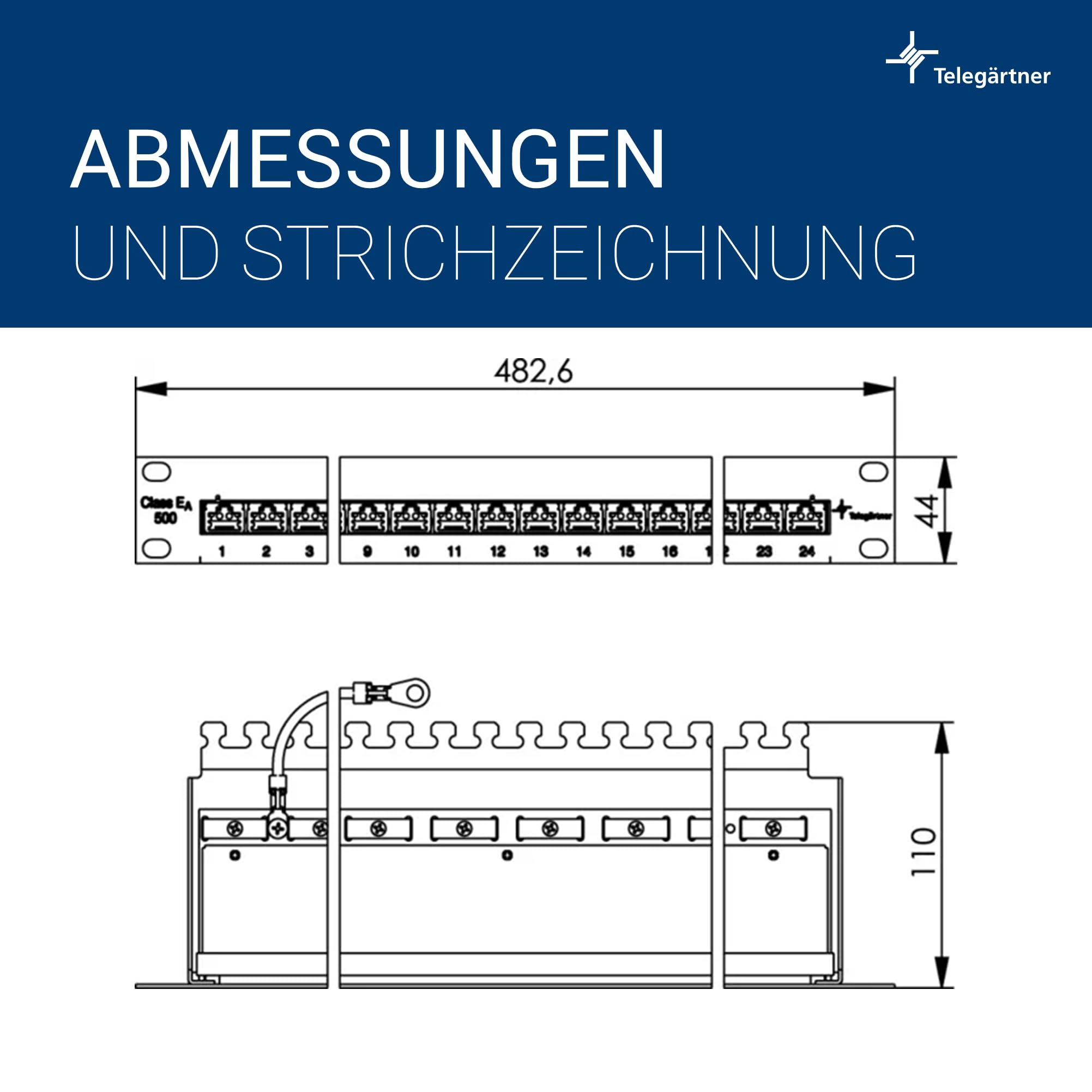 TELEGARTNER 19 Zoll Patch Panel 24 Port Cat.6A | 24-fach Verteilerfeld 1HE, LSA-Plus Anschluss, 360-Grad-Schirmung, robustes Stahlblechgehäuse, PoE+ Typ 4 kompatibel