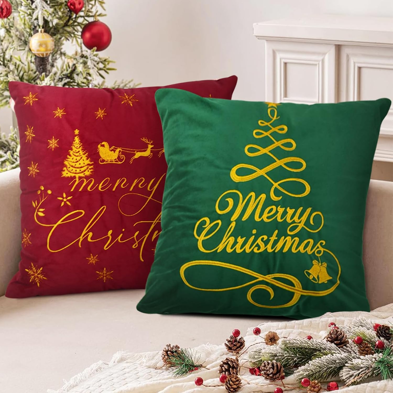 Set of 2 Christmas Pillow Covers, 45x45 cm, Cute Christmas Tree, Santa
