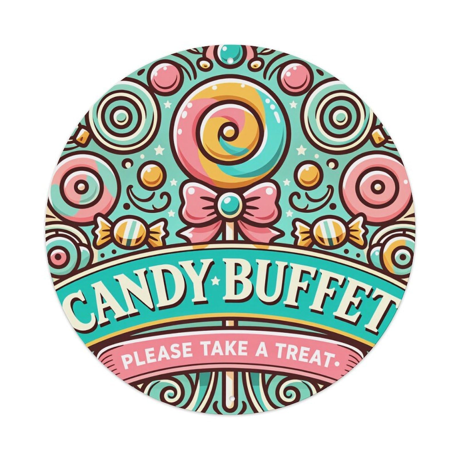 Candy Lollipop Bow Ribbon Stars Round Tin Sign Vintage Style Metal Sign Home Bar Garden Wall Plaque Decor Metal Poster 8x8 Inch