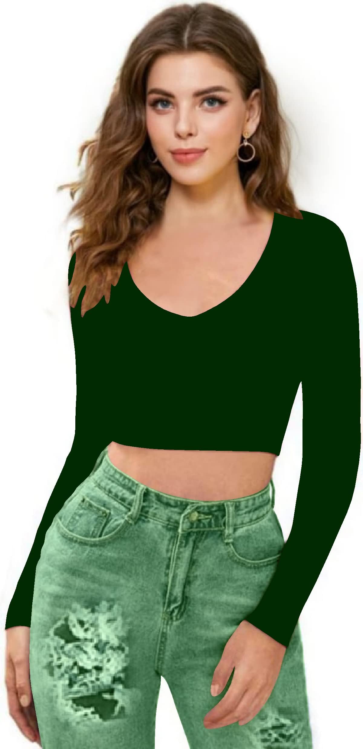 Dream Beauty FashionDream Beauty Fashion Women's Polyester Blend Full Sleeve V-Neck Crop Slim Fit Top (T-Baati Dark Green-M), Medium