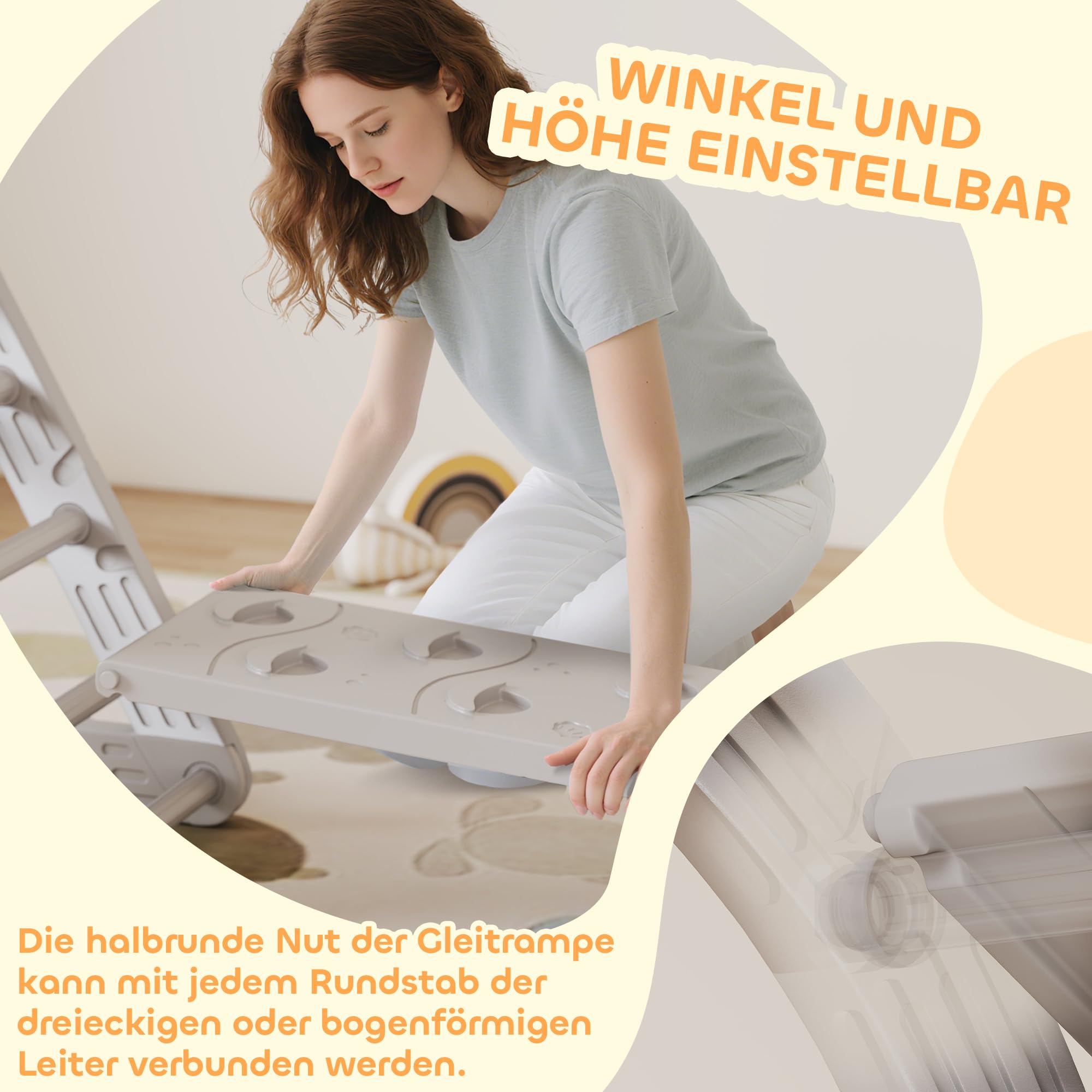 AIYAPLAY 5 in 1 Klettergerüst Montessori Indoor 18-48 Monate Grau+Weiß | Kletterdreieck mit Rutsche, Kletterbogen, Doppelseitige Rampe, Spielplatz Indoor, für Kinder
