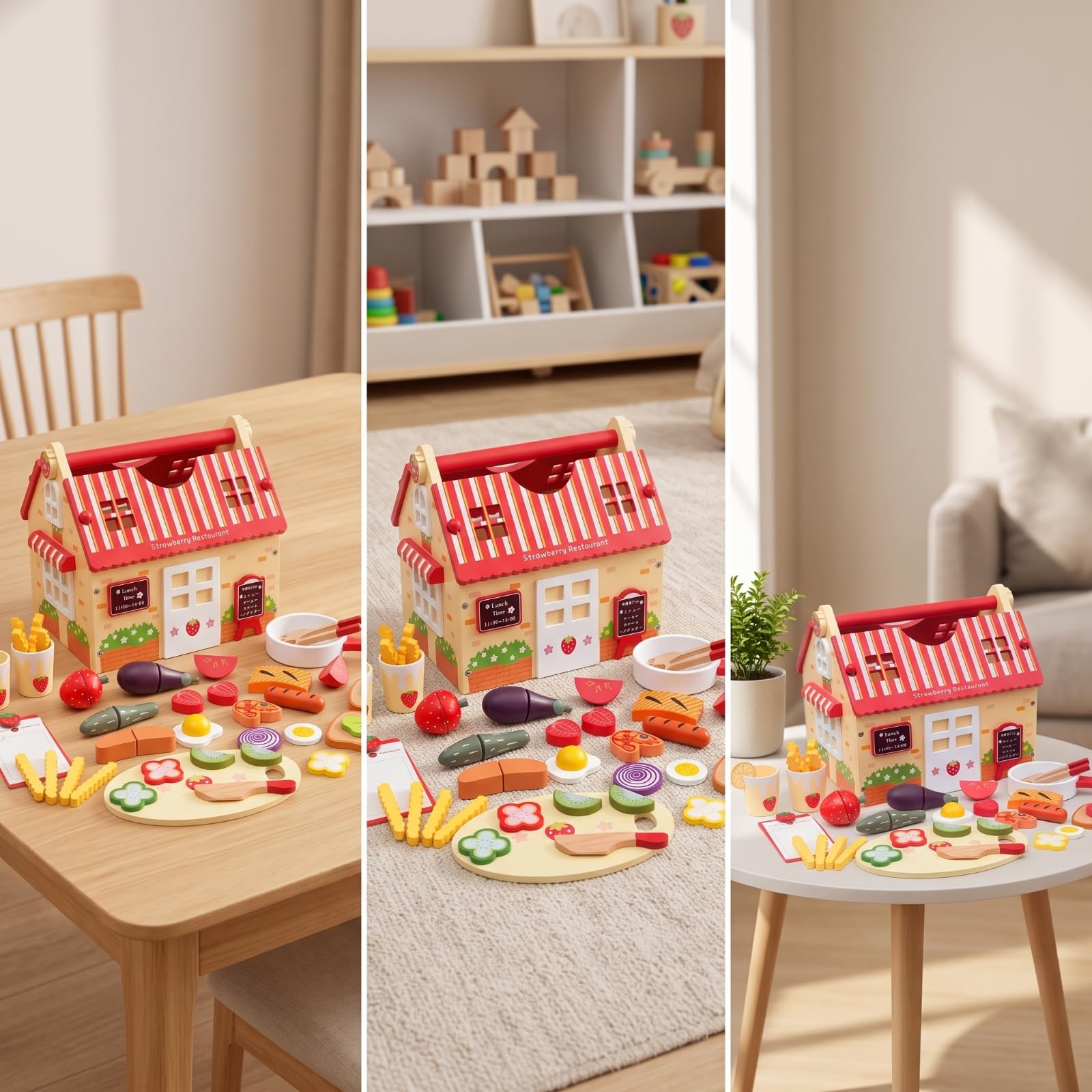 Cibo Finto in Legno con Scatola | Didattico, Set Ristorante Giocattolo in Legno, Naturale, per Casa, giochi, Scuola Dell'infanzia