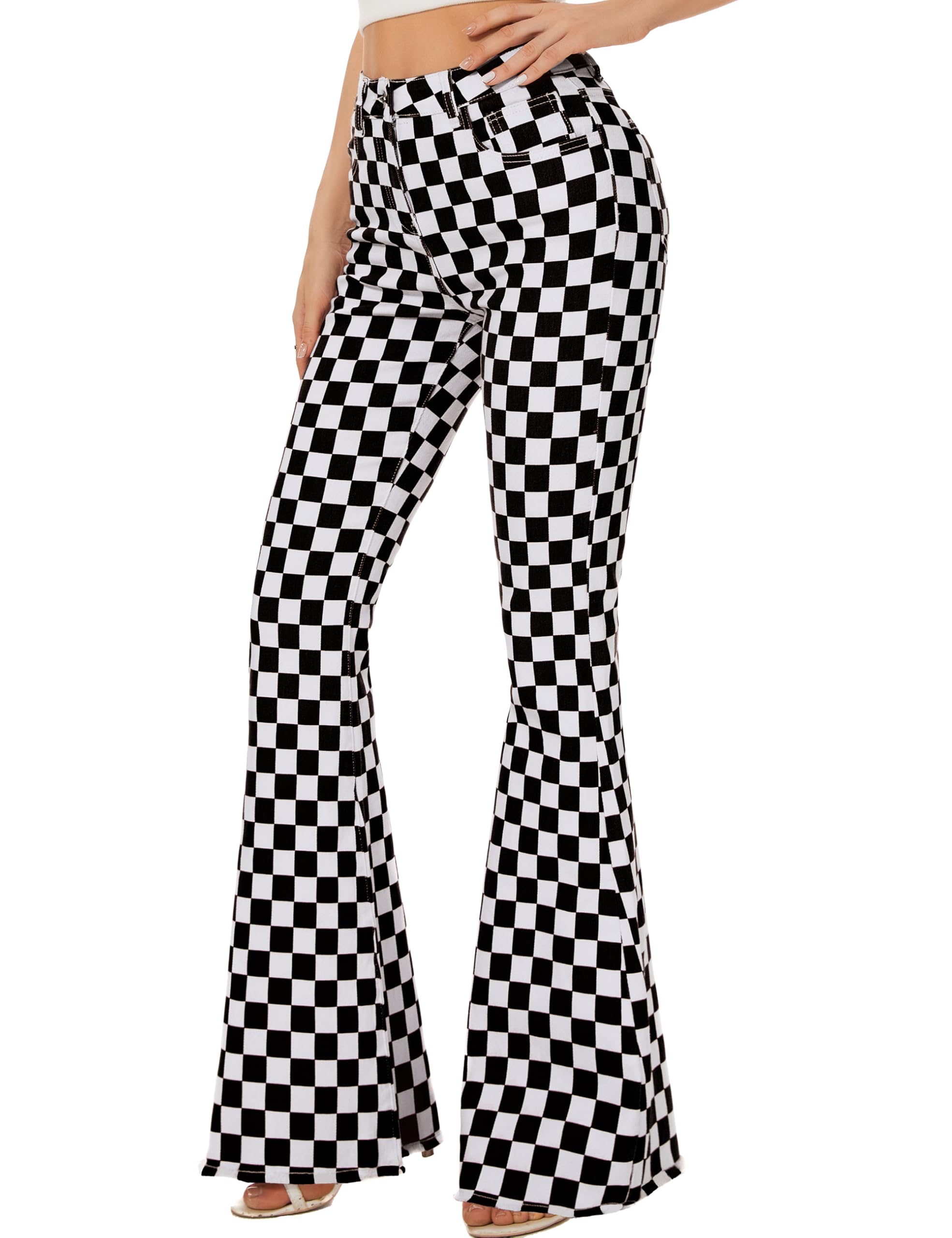 Odefou Plaid Print Bell Bottoms Jeans, Cuadros Blancos y Negros 2, 0 US para Mujer