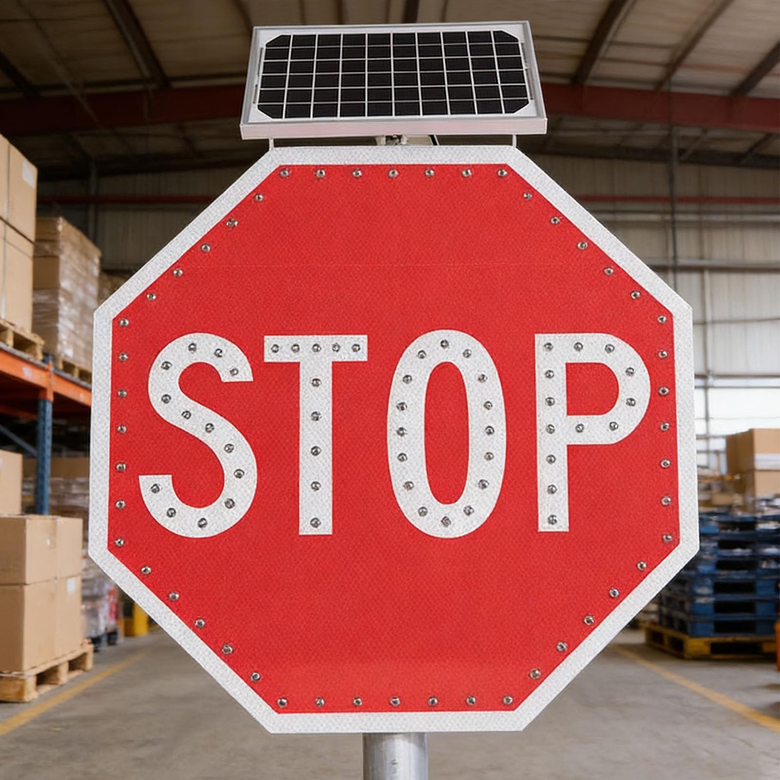 Señal de Stop Solar con Luces LED Intermitentes, Construcción IP65 60x60cm para Todo Clima, Alta Visibilidad hasta 2000m para Aparcamientos & Carreteras