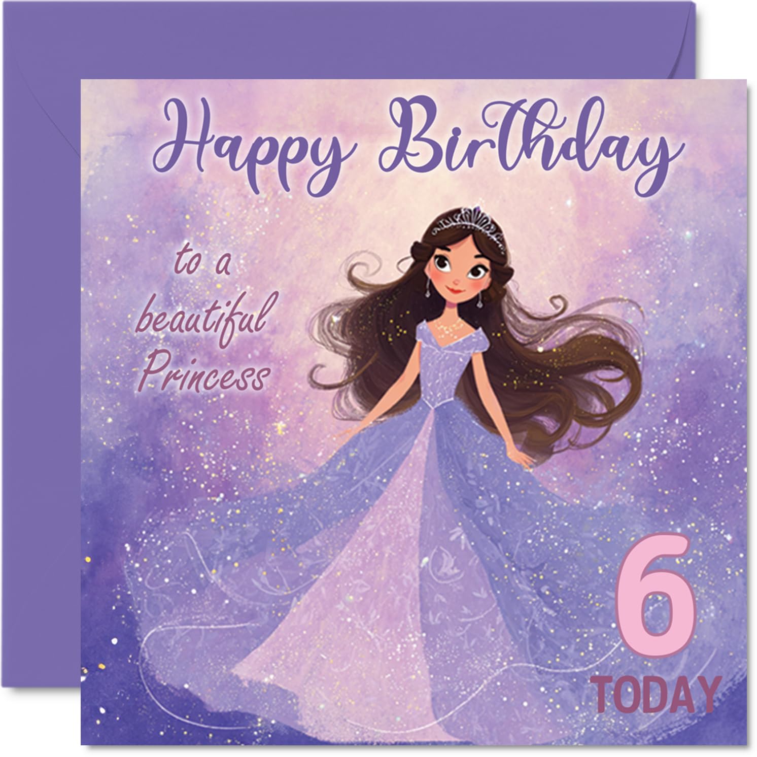 6th Birthday Cards for Girls - Princess in Purple - Happy Birthday Card for 6 Year Old Girl Great Niece Granddaughter Niece Daughter, 145mm Bday Greeting Cards