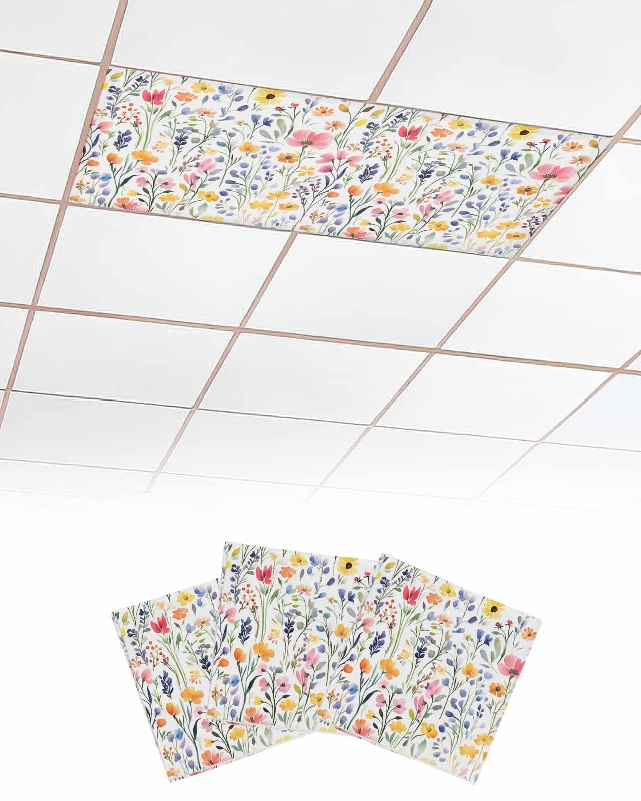 EwdeWwo Wildflower 3 Pcs Fluorescent Light Covers for Ceiling Lights, Spring Watercolor Flower Plant Magnetic Light Filters for Eliminate Harsh Glare Classroom Office Decoration, 4 x 2 Ft