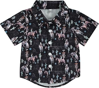 Toddler Baby Boy Button Down Shirt Short Sleeve T-Shirt Tops Western Cowboy Casual Tee Summer Clothes