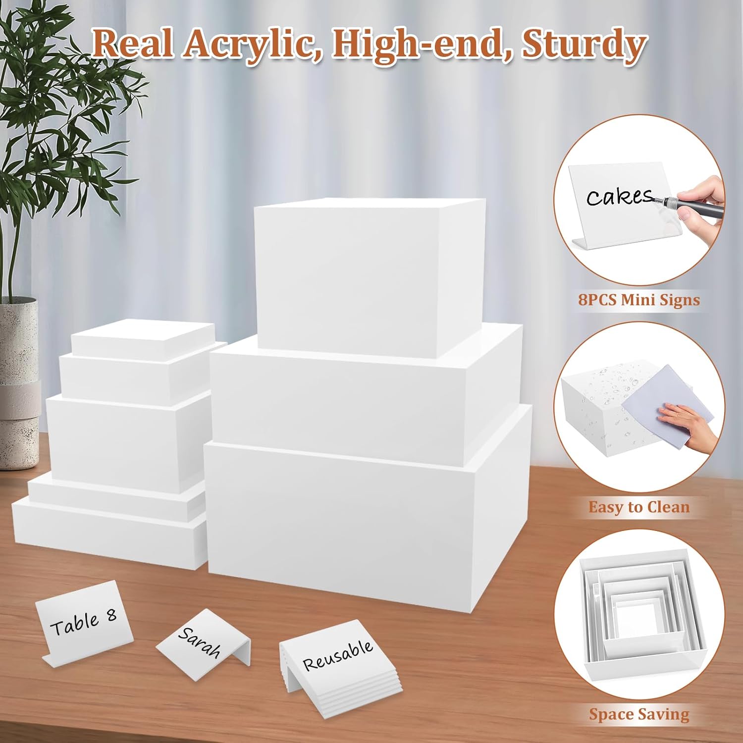 8PCS Buffet Risers, Acrylic Large Food Risers with Mini Signs, Buffet Table Acrylic Cube Display Stands Box Risers for Party Catering Dessert Jewelry Nesting Risers with Hollow Bottom White
