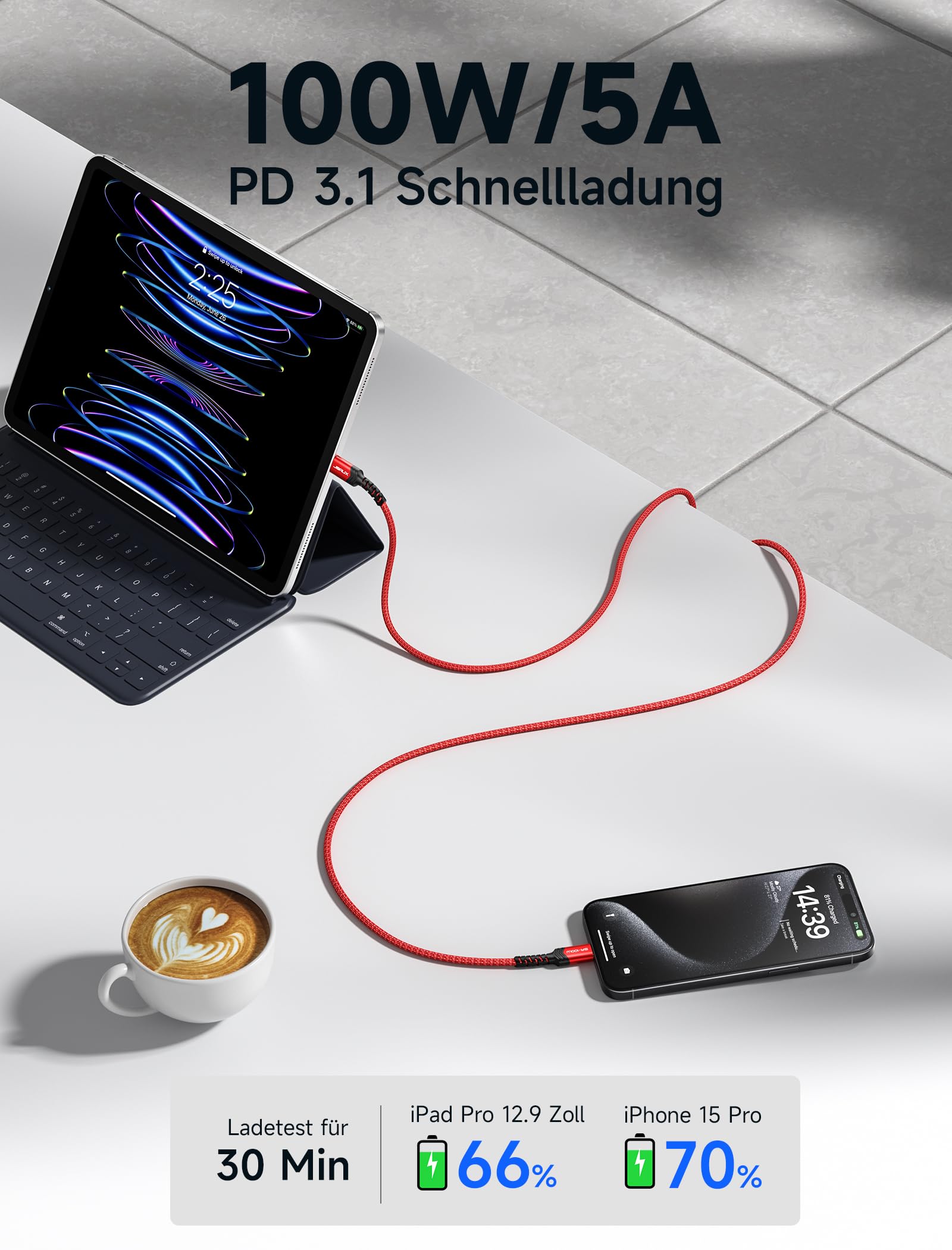 JSAUX Kabel USB C na USB C (2 sztuki 2 + 2 m) 100 W/5 A USB C, tkany kabel do ładowania, kompatybilny z Nintendo Switch 2, iPhone 17/16 Pro Max, Samsung Galaxy S25, S24, A54, MacBook iPad Pro Air
