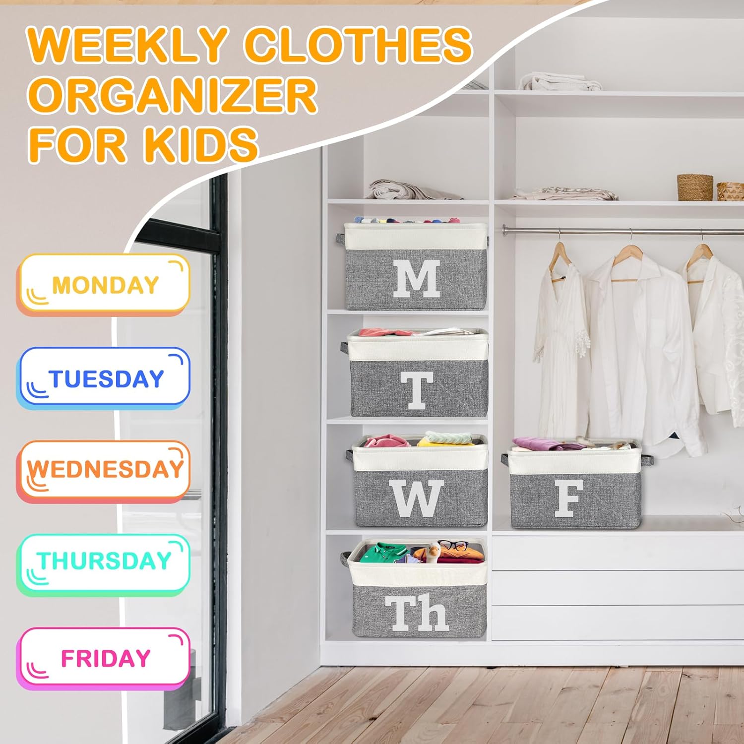 Weekly Clothes Organizer Baskets for Home, 5 Foldable Linen Closet Organizers and Storage Basket for Shelves, Days of The Week Clothes Organizer Monday-Friday, Decorative Storage Baskets for Home