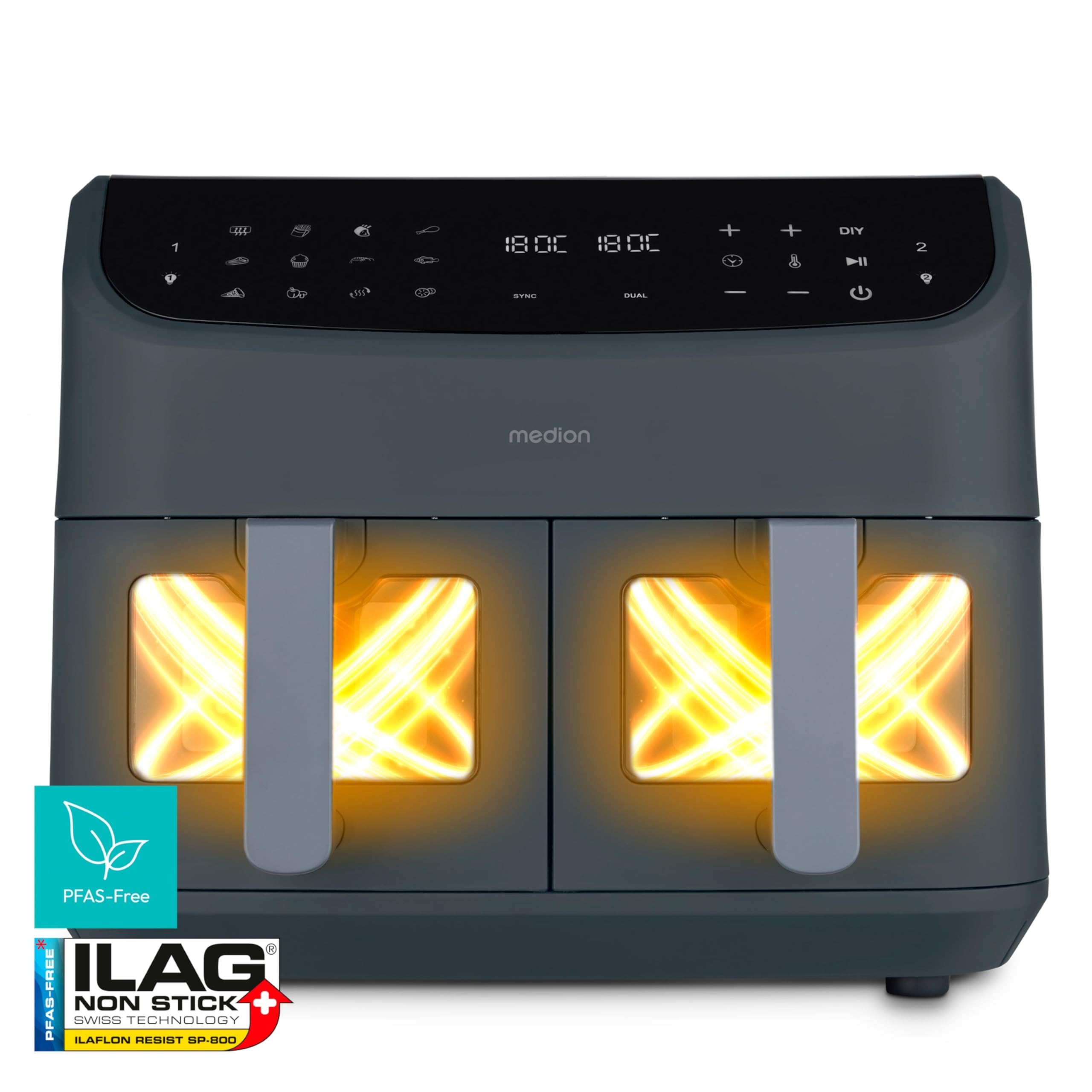 MEDION P20 XXL Heißluftfritteuse mit 2 Kammern (8,7 Liter, Airfryer, 2.600 Watt, Doppelkammer, 10 Automatikprogramme, 2 Schubladen, Sichtfenster, Dualer Airfryer, ILAG PFAS-frei, MD11760) matt grau