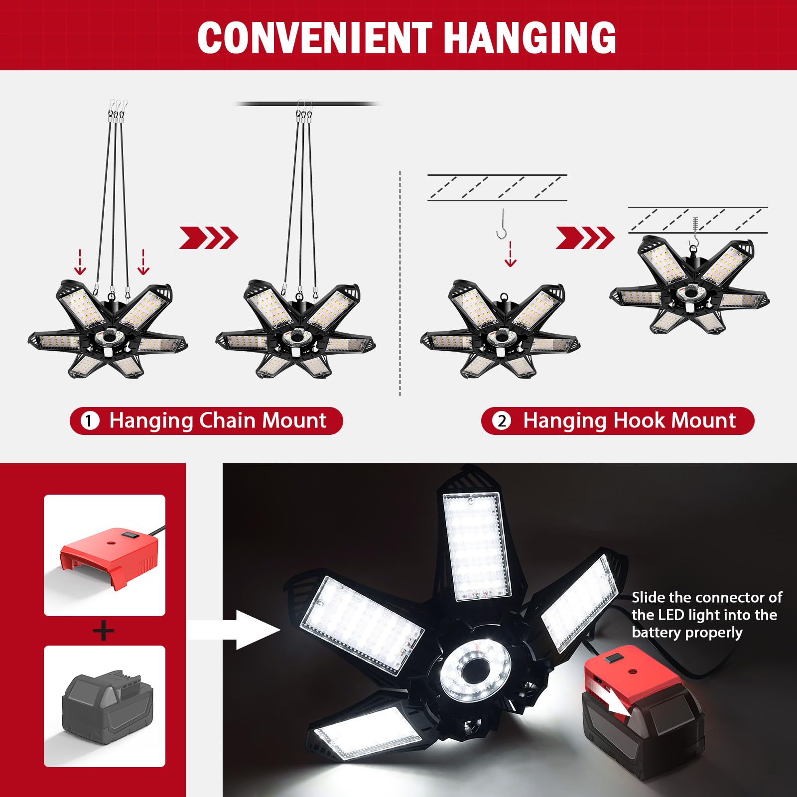 LIVOWALNY Lampa robocza LED do akumulatora Milwaukee 18 V, 68 W, 6800 lm, garażowa lampa sufitowa, panel 6+1 z możliwością przekształcenia