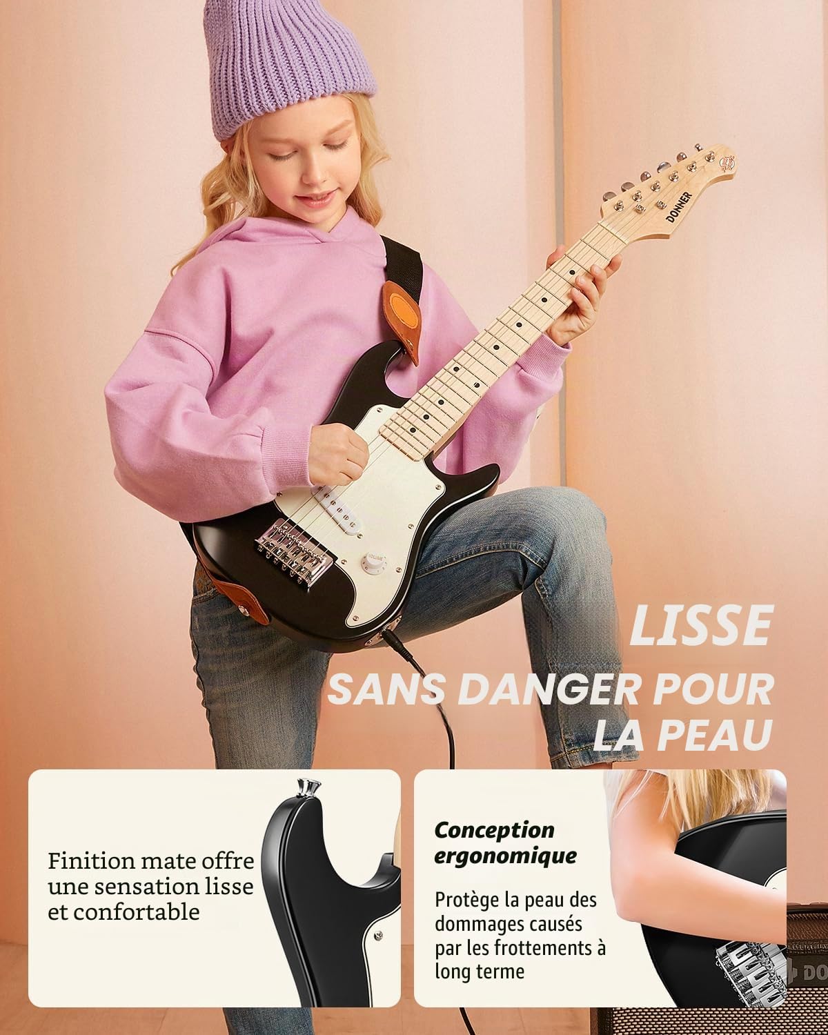Donner Kit de guitare électrique junior 76,2 cm pour débutant, ST Style Mini guitare premium avec ampli, accordeur, capodastre, sac, sangle, corde, câble (DSJ-100, noir)