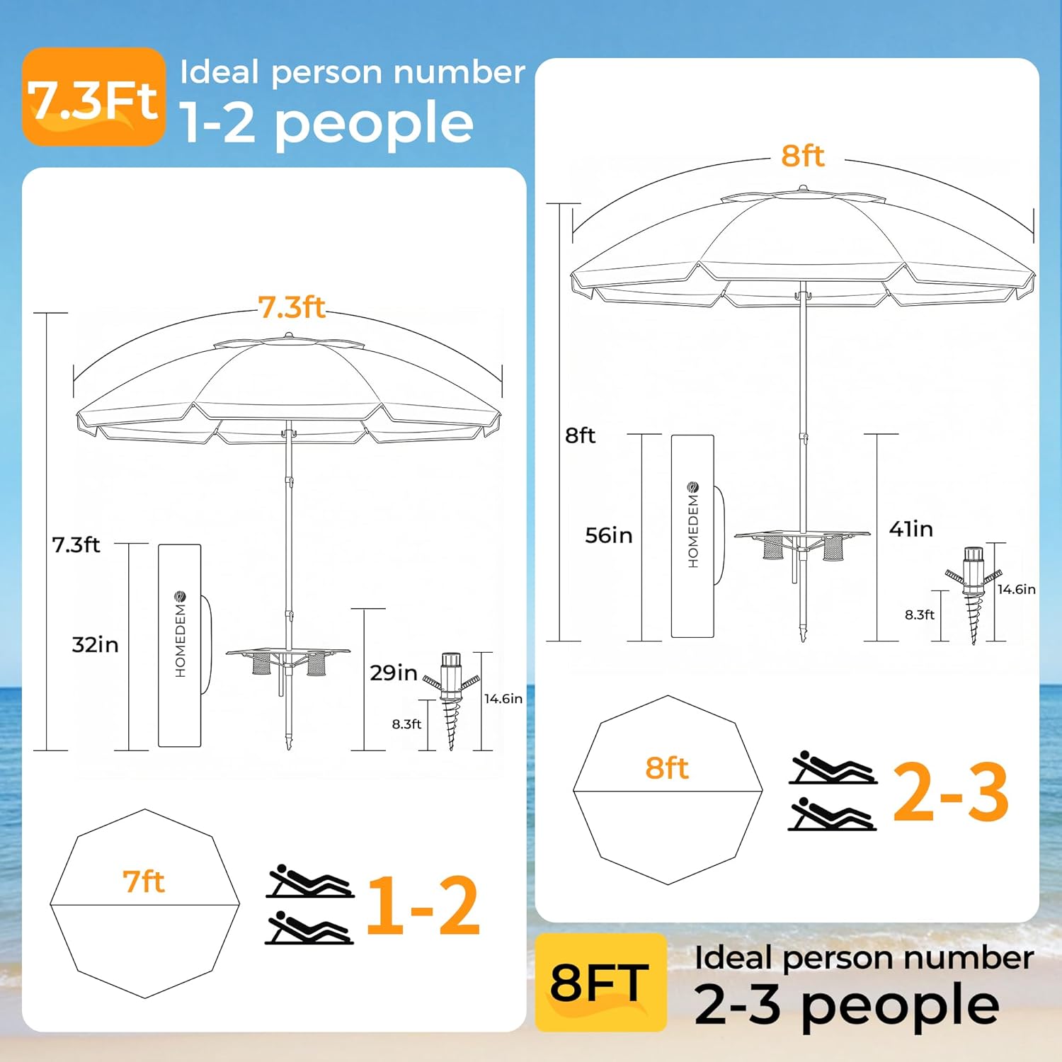 HOMEDEMO 7FT Beach Umbrella with Table & Anchor, Heavy Duty Windproof with UPF 50+ Sun Protection, Outdoor Umbrellas with Adjustable Aluminum Pole