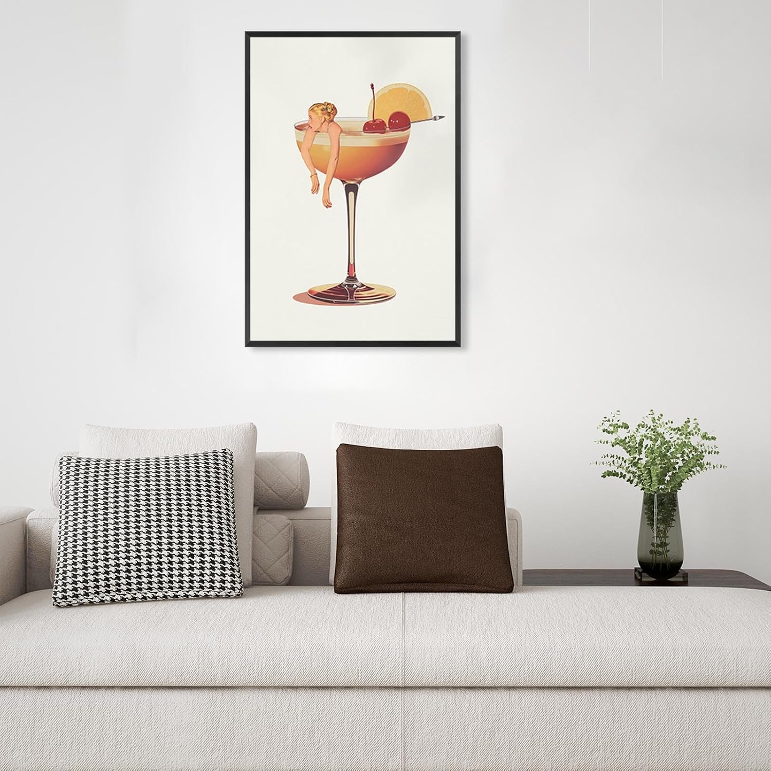 Vintage Surreal Martini Canvas Wall Art Mid Century Minimalist Cocktail Woman Posters Trendy Orange Alcohol Cherry Aesthetic Paintings For Bedroom Kitchen Dorm Wall Decor 8x12in Framed