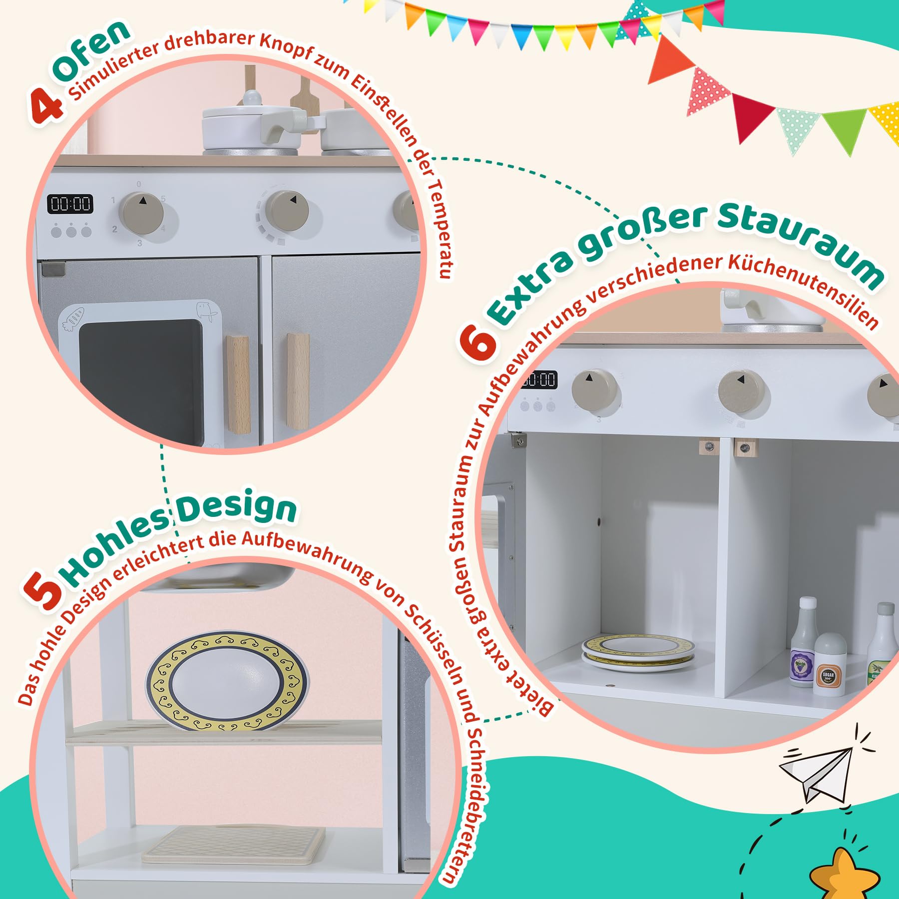 Kinderküche aus Holz mit Zubehör, Spielküche für Kinderzimmer, inkl. Herd, Ofen, Mikrowelle, Kühlschrank, Wasserhahn und Kochgeschirr – Kinderküche Holz Spielset für Rollenspiele, Mittelgrau