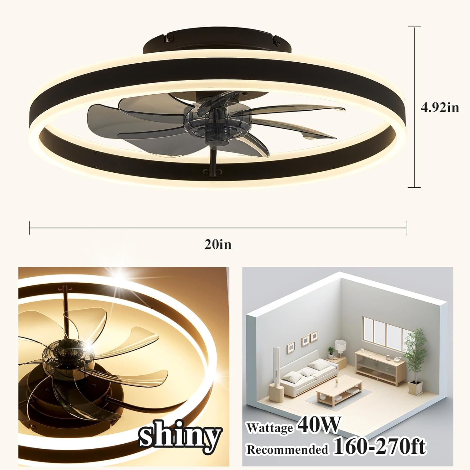 50cm Deckenventilator mit Beleuchtung und Fernbedienung Leise, Dimmbar Deckenlampe mit Ventilator, Modern Deckenleuchte Ventilator mit Licht für Schlafzimmer Wohnzimmer, Umkehrbaren DC Motor