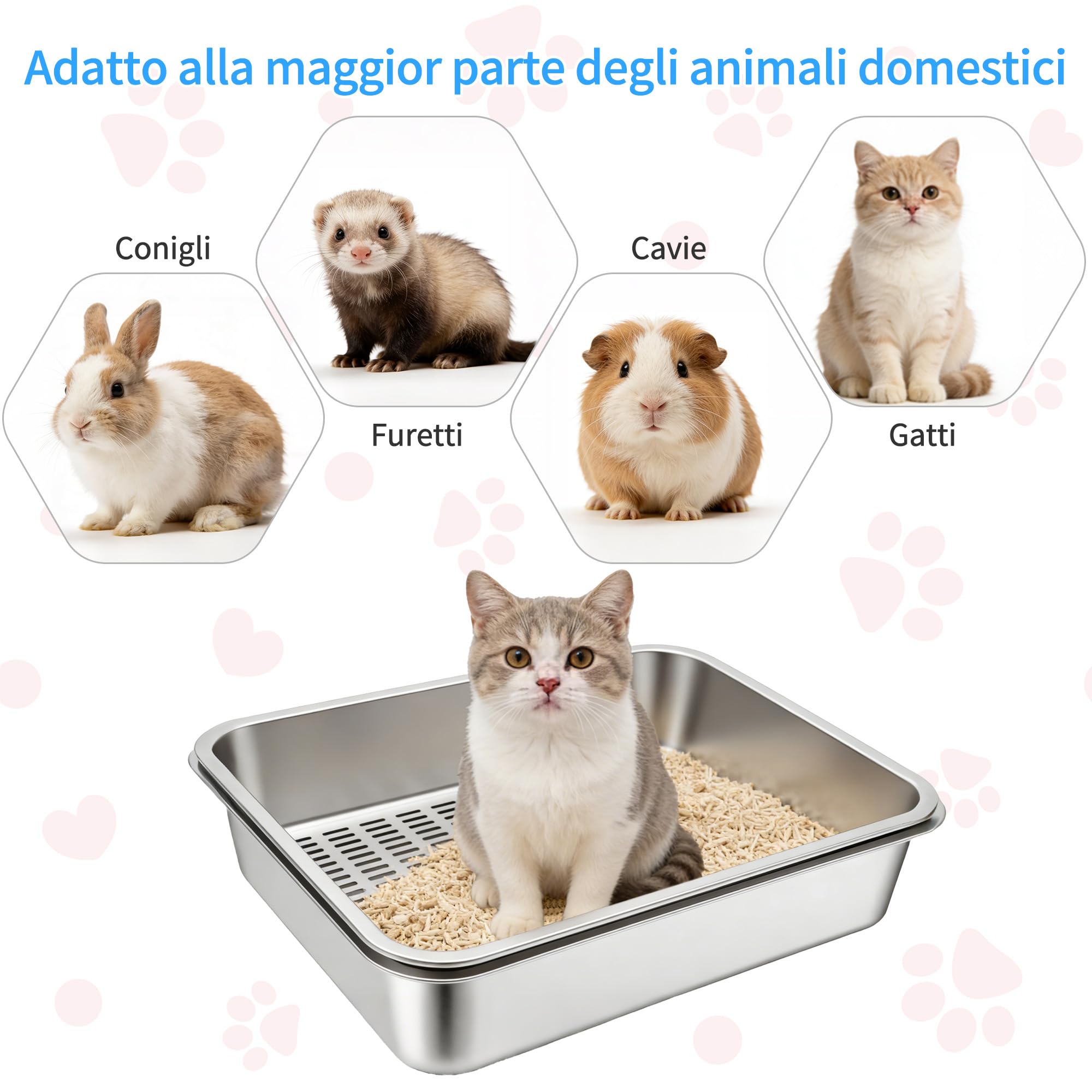 Lettiera per Gatti in Acciaio Inox, Lettiera Gatto Aperta in Metallo per Gatti Grandi, Piccoli e Conigli - Resistente Agli Odori, Facile da Pulire, 40 x 30 x 10 cm