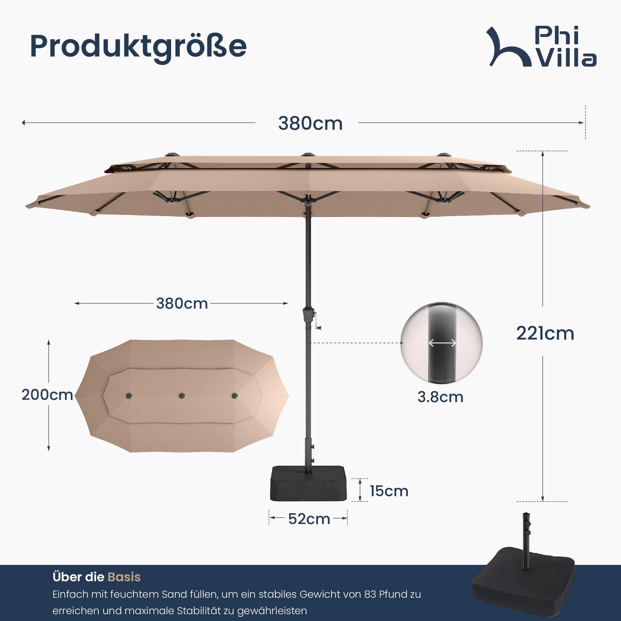 PHI VILLA Sonnenschirm Rechteckig mit Ständer, 380x200cm Doppelsonnenschirm mit Kurbel und UV-Schutz für Terrasse Garten