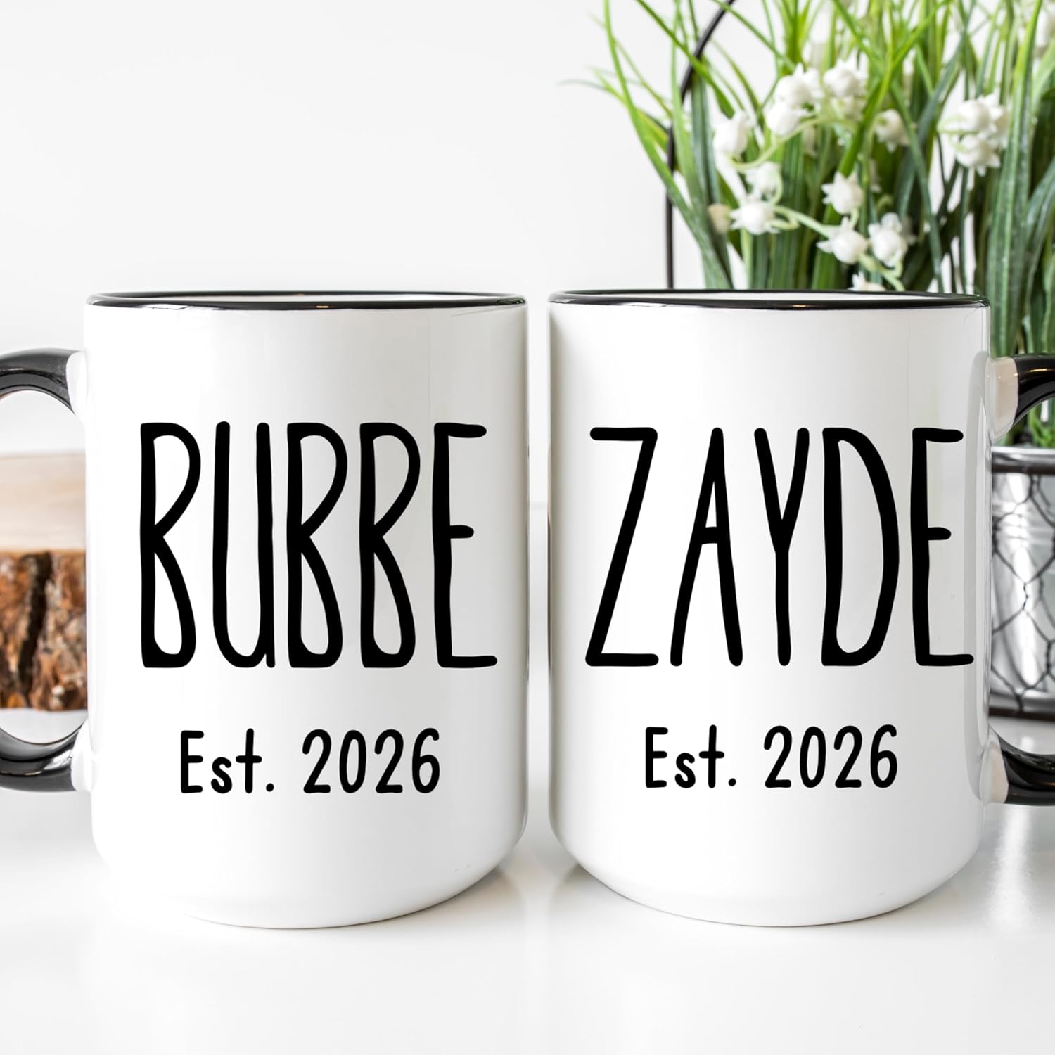 Fabby Gifts Bubbe And Zayde Mugs Set - Yiddish Grandma Baby Reveal - Jewish Grandpa Mug - Pregnancy Announcement For Grandparents (Black Rim&Handle, 15oz)