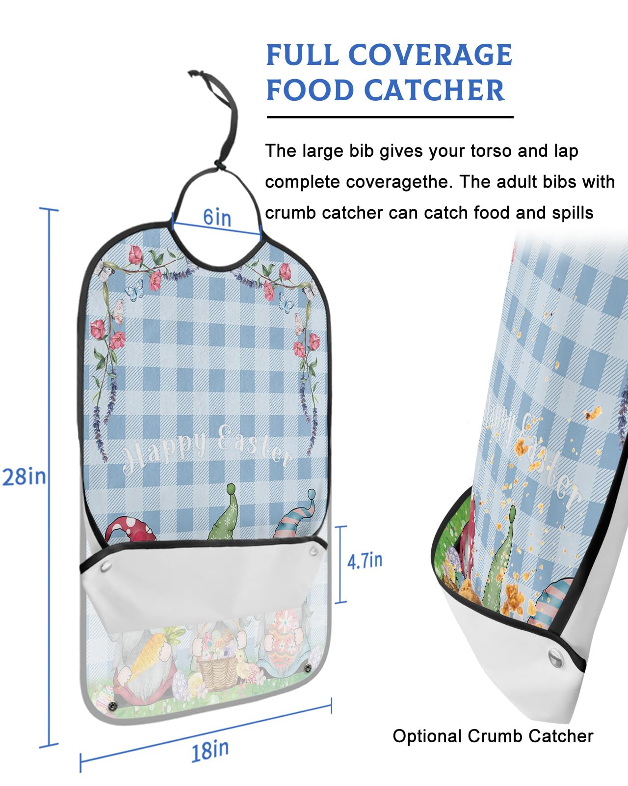 Spring Easter Adult Bibs for Eating, Waterproof Bibs with Food Catcher & Adjustable Snap Closure, Blue Checkered Gnomes Easter Basket Colorful Eggs Clothing Protectors Adult Bibs for Elderly Women/Men