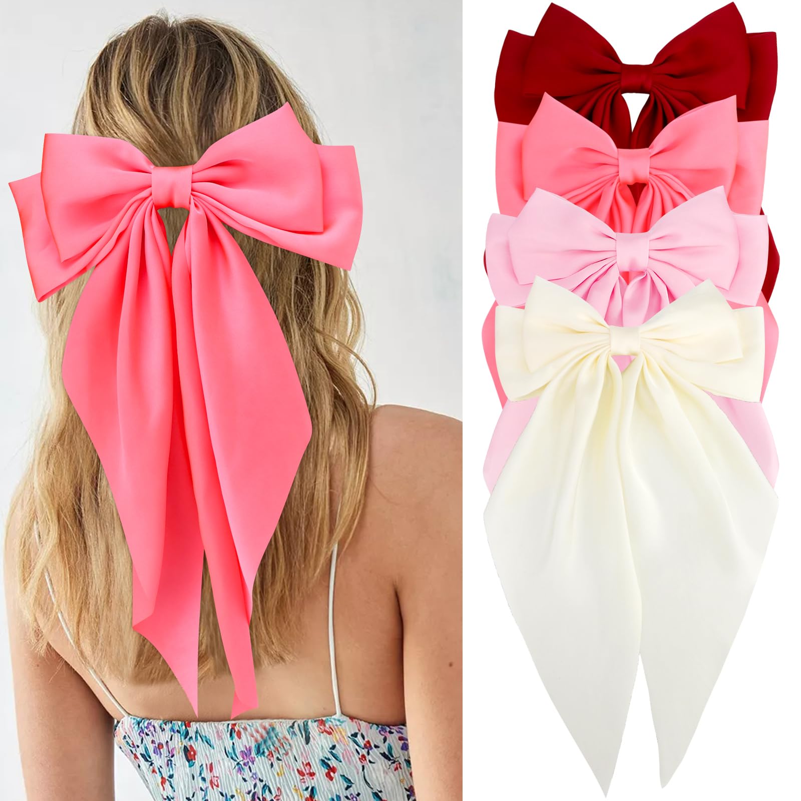 Velscrun Women's & Girls' 4-Piece White & Pink Silky & Satin Hair Bows - Large Coquette & Oversized Ribbons - Long Tail Barrettes - Christmas Gifts