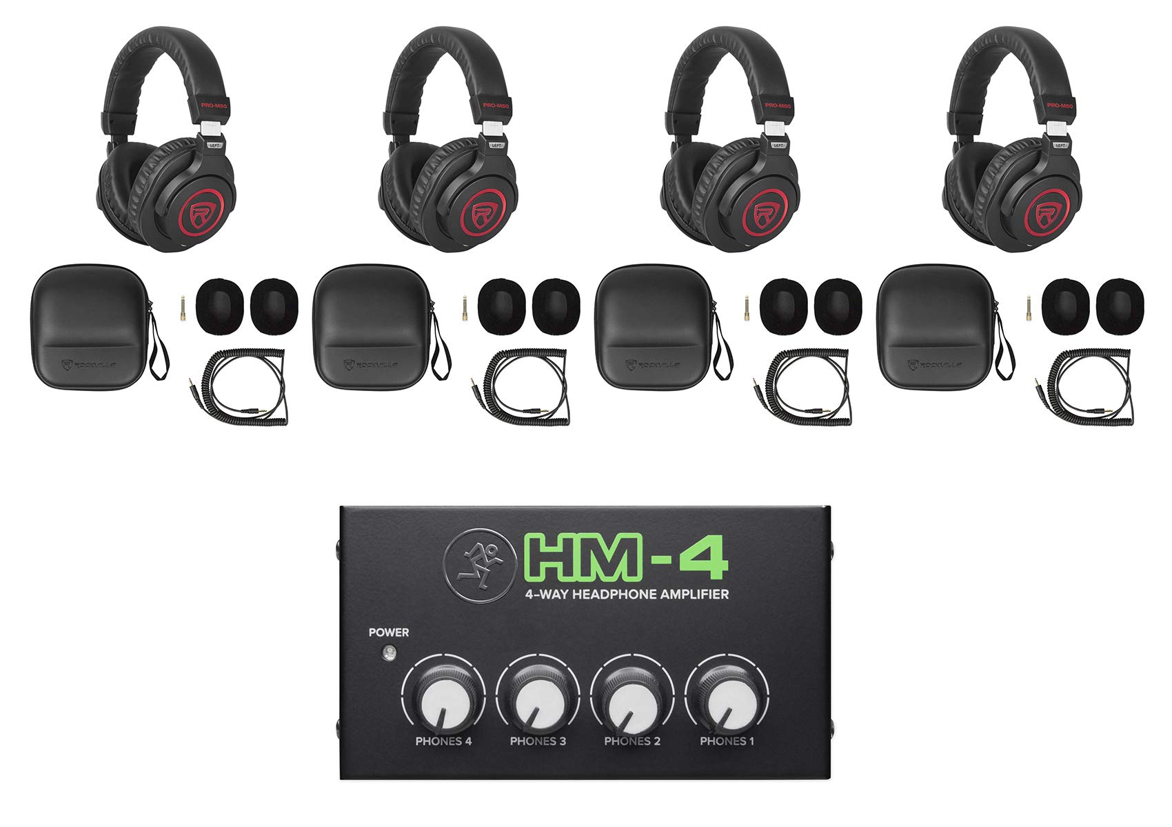 Studio Bundle w/4 Rockville PRO-M50 SR Headphones Bundle with Mackie Headphone Amplifier