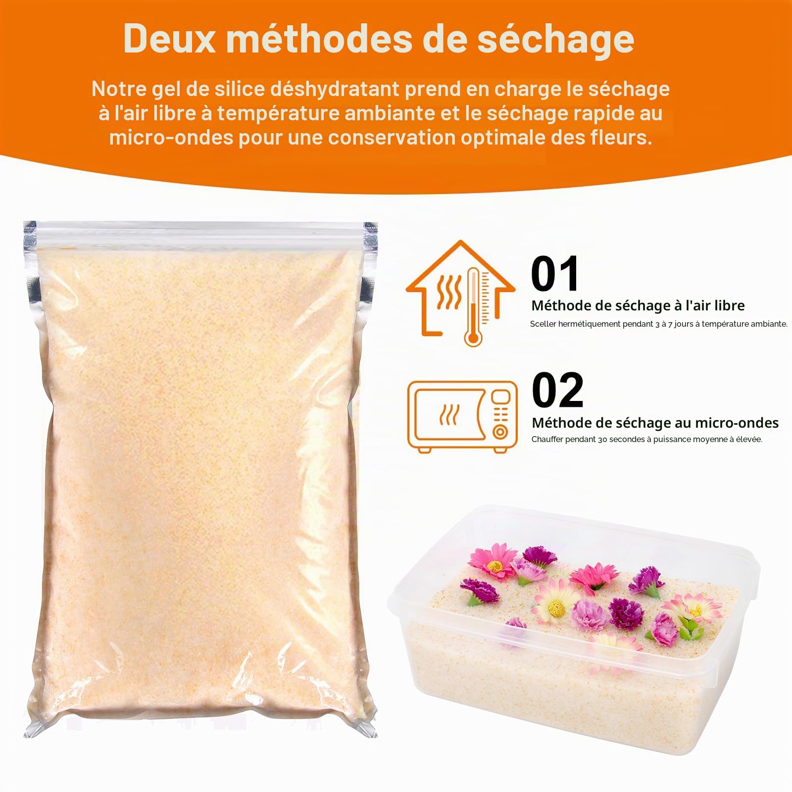 1.0KG Silice Fleurs Séchées - Gel de Silice pour Fleurs - Cristaux de séchage- Silicagel Reutilisable Gel de Silice anti Humidité Absorbeur Déshydratant la Conservation du Bouquet de Mariage