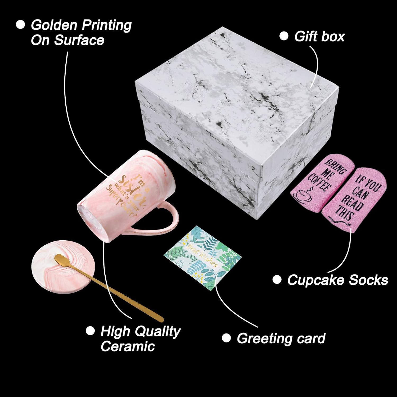 Super Sale 🛒 Sister Coffee Mug I'm a Sister, What's Your SuperPower Funny Sister Gift for Sister Sis Sister Mugs for Birthday Christmas 14Oz Marble Coffee Mug with Exquisite Box Spoon Coaster Card Sock(Pink)