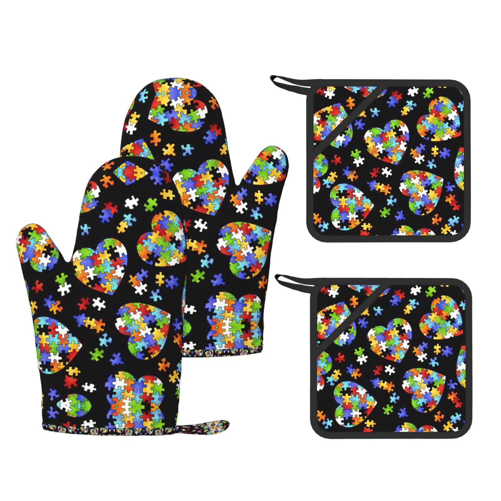 Autism Awareness Puzzle Pieces Heart Printed Oven Gloves and Hot Pads Set of 4, High Heat Resistant Silicone Mitts for Cooking BBQ