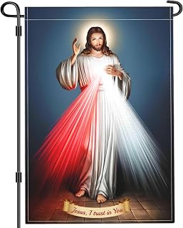 Divine Mercy Jesus Garden Flag Christian Sacred Heart of Jesus Amercian Flag Garden Flags for Outside 12x18 Inch Double Sided Outdoor Faith Over Fear Jesus Worship Yard Sign Decorations