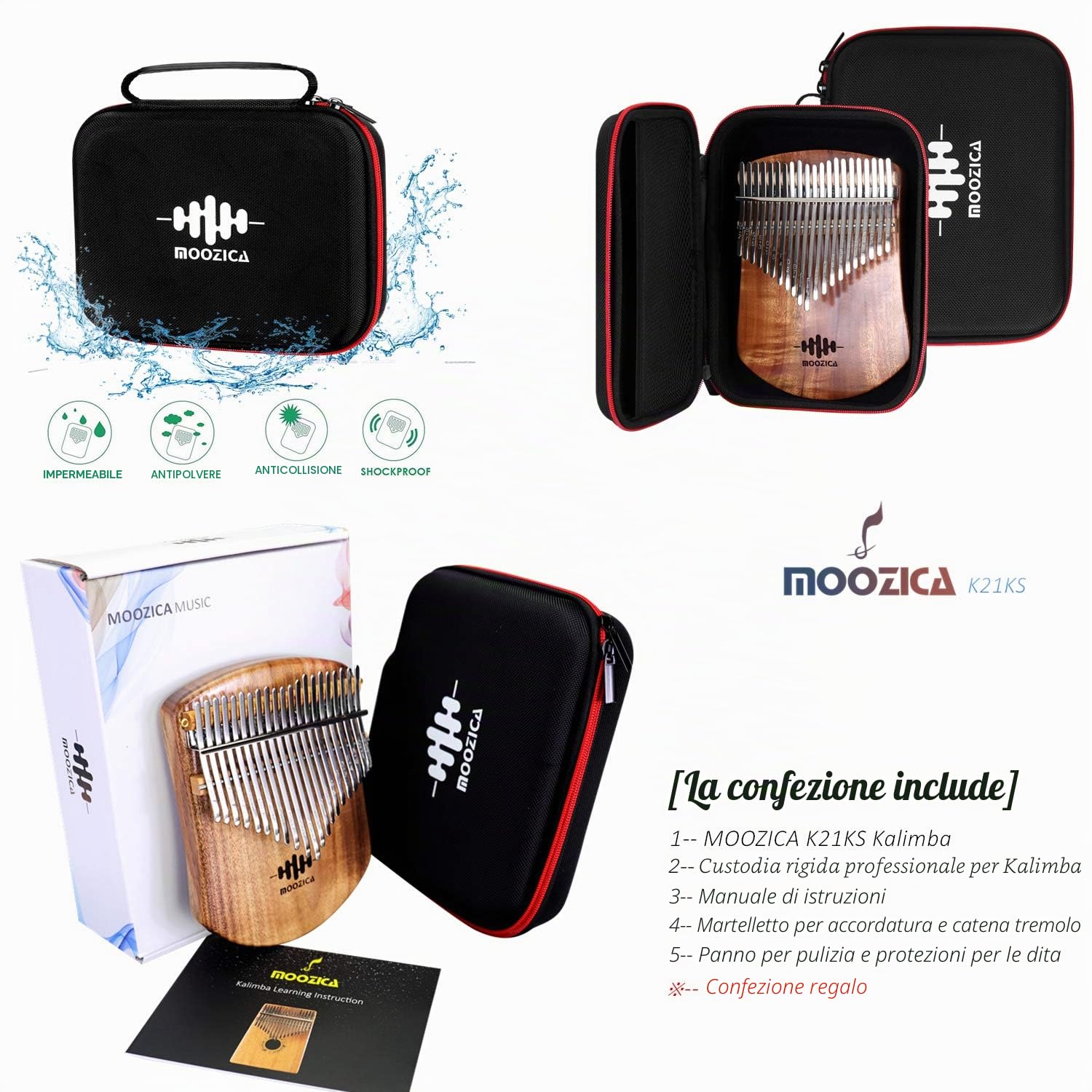 Kalimba 21 chiavi in legno massello di koa MOOZICA, tavola singola professionale con custodia