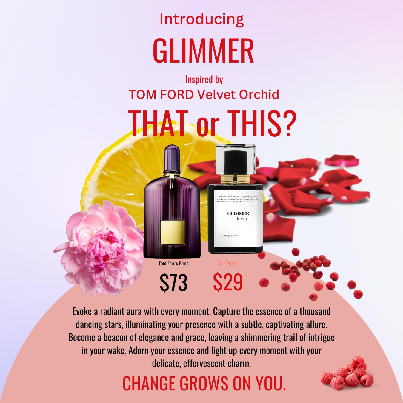 aromapassions GLIMMER | Inspired by TF VELVET ORCHID | Pheromone Perfume for Women | Extrait De Parfum | Long Lasting Dupe Clone Perfume Cologne | Essential Oil Fragrance | (100 ml / 3.4 Fl Oz)