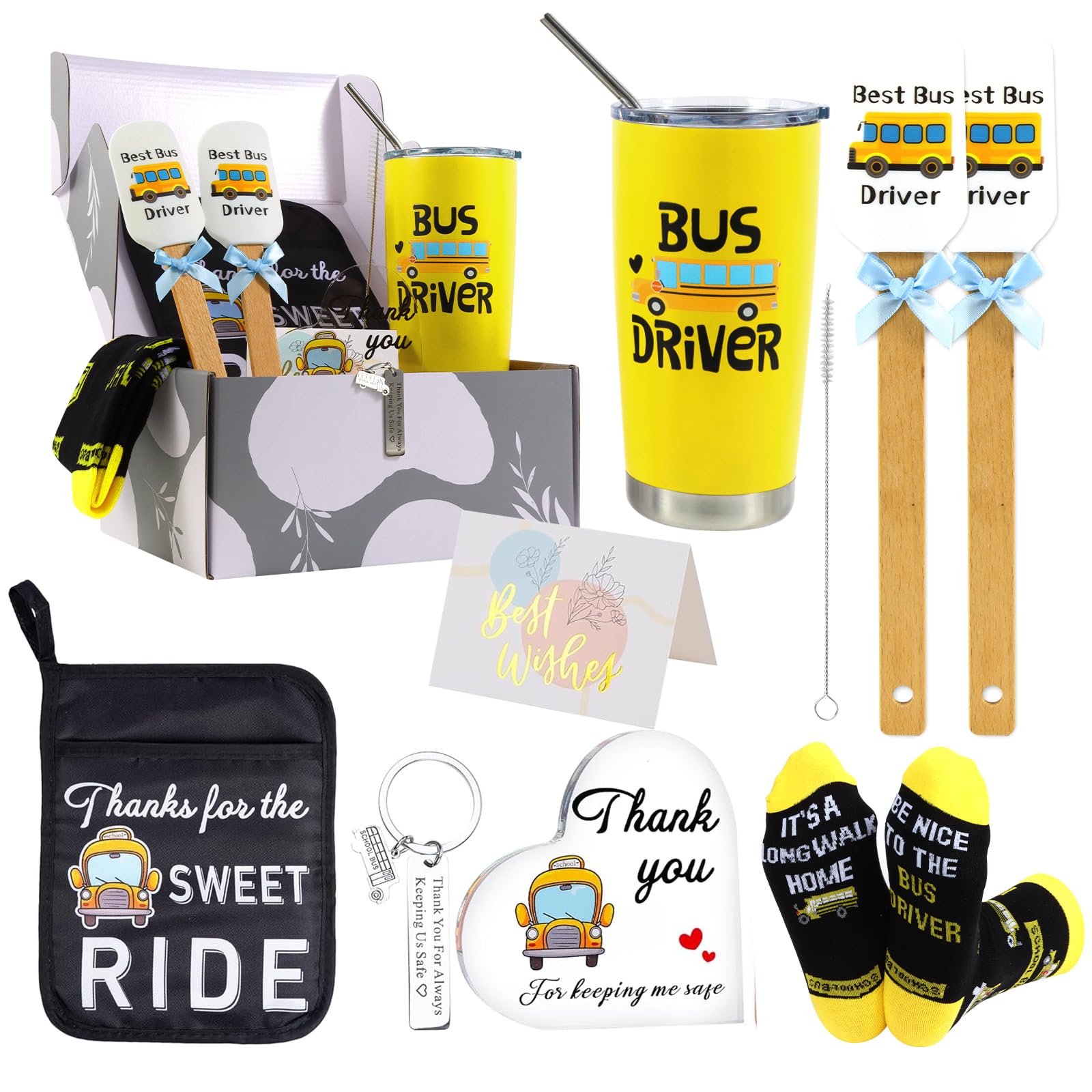 9-Piece School Bus Driver Appreciation Gifts - 20oz Heart-Shaped Tumbler Cup, Acrylic Heart Thank You Gifts, Bus Driver Pot Holder, Heat Resistant Oven Pads, Silicone Spatula
