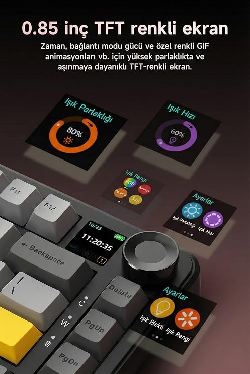 Coverzone AJAZZ AK820 MAX PLUS 75% Mekanik Klavye 8000mAh Batarya 0.85” TFT Ekran RGB Hot Swap 3 Modlu 2.4G Bluetooth Type-C Kablosuz Gaming Klavye Conta Yapısı Ses Yalıtımlı | Turuncu