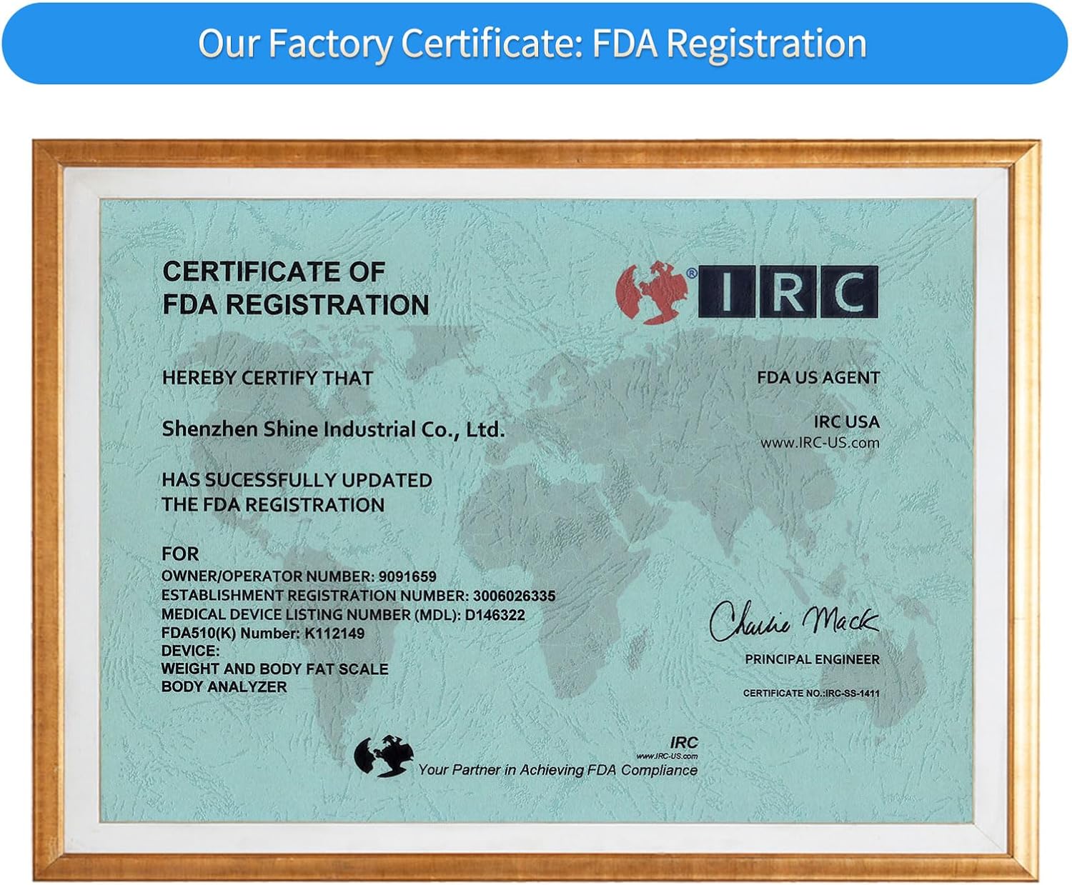 Certificate of FDA Registration for Shenzhen Shine Industrial Co., Ltd., for Weight and Body Fat Scale Body Analyzer.