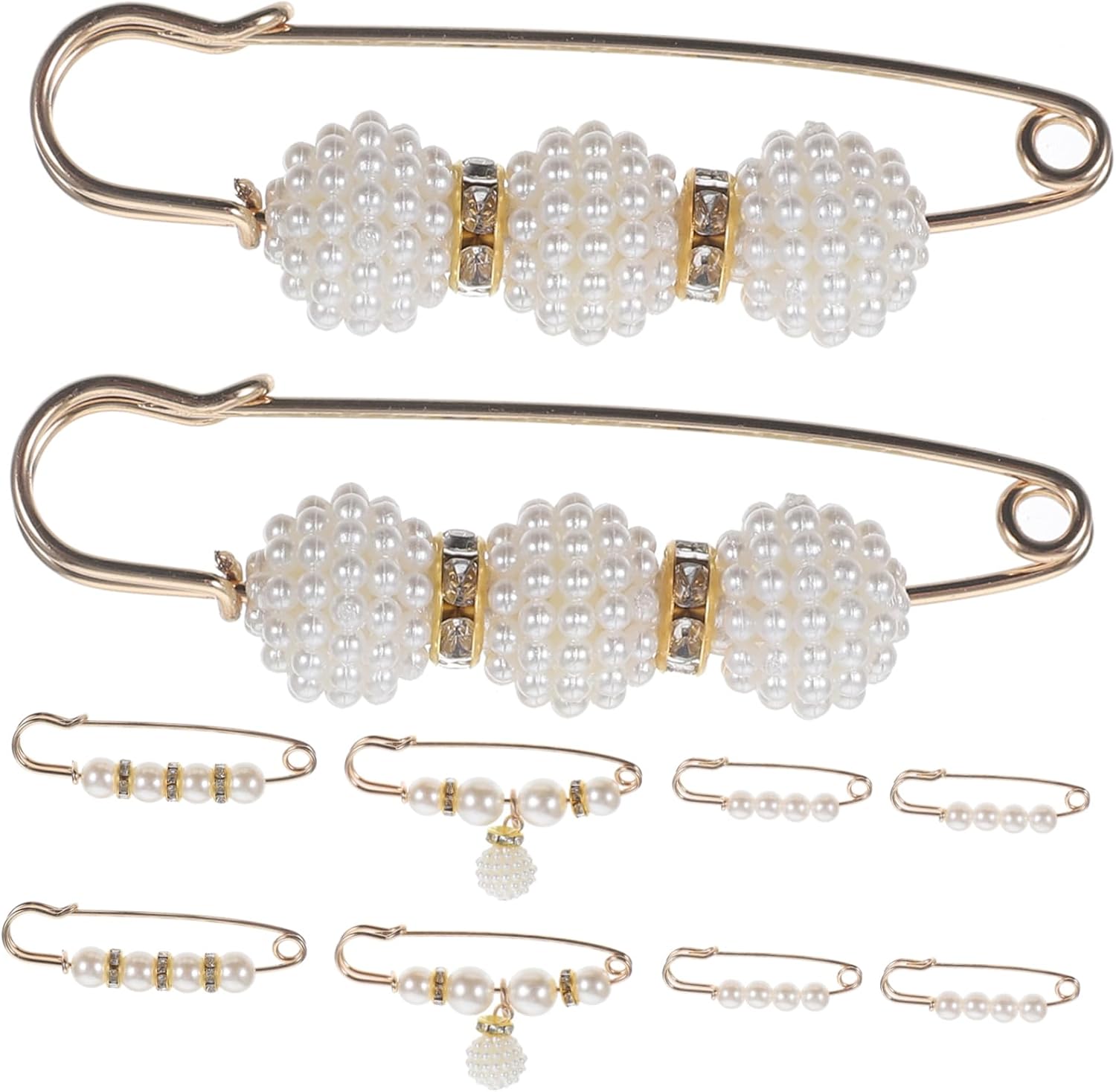 Homoyoyo 10pcs Faux Pearl Brooch Pins for Sweater Shawl Clips - Rhinestone Accents for Clothing and, 3.8X0.8CM, Metal, alloy