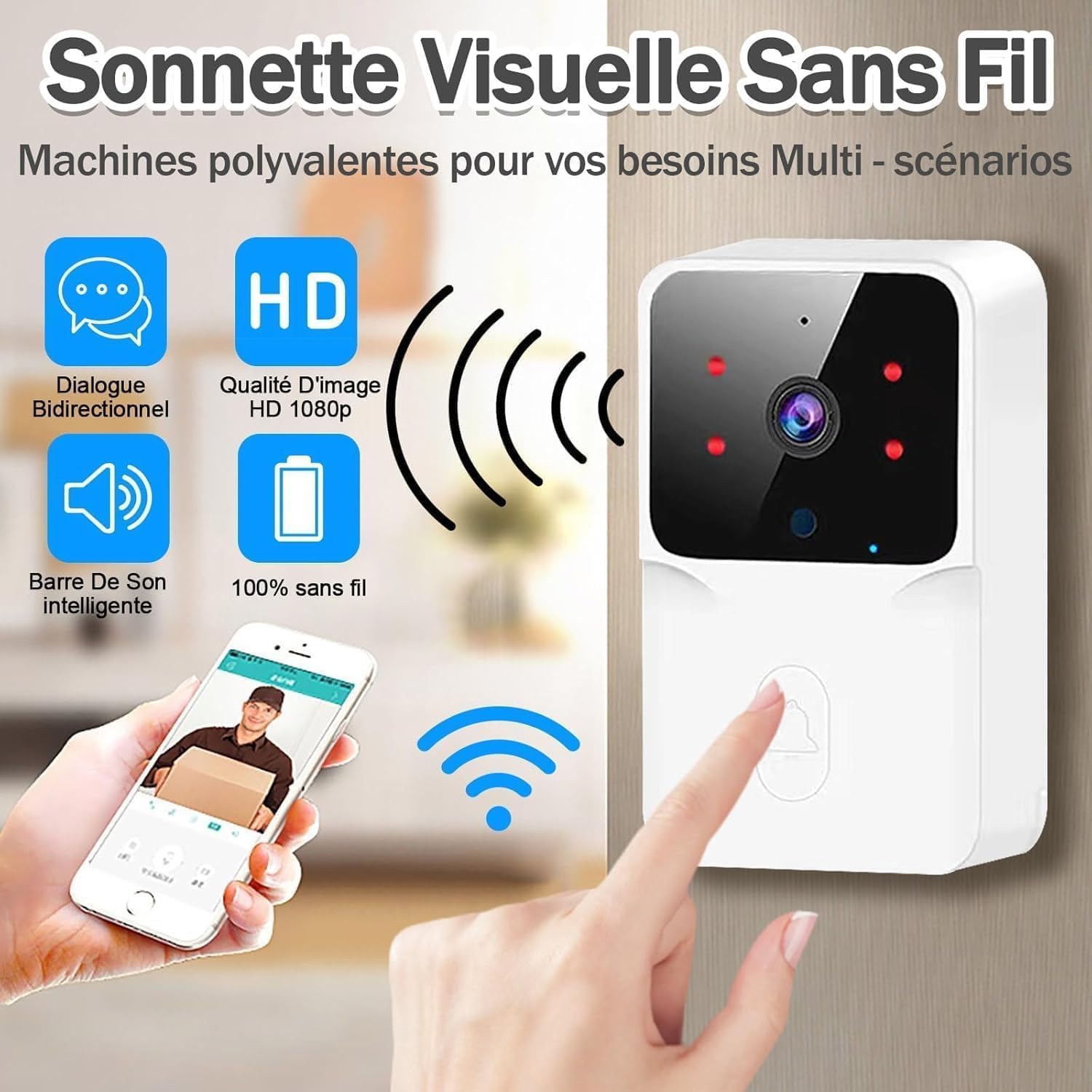 Sonnette sans Fil avec Caméra 1080p, Surveillance Vision Nocturne HD, Interphone Domicile Audio Bidirectionnel