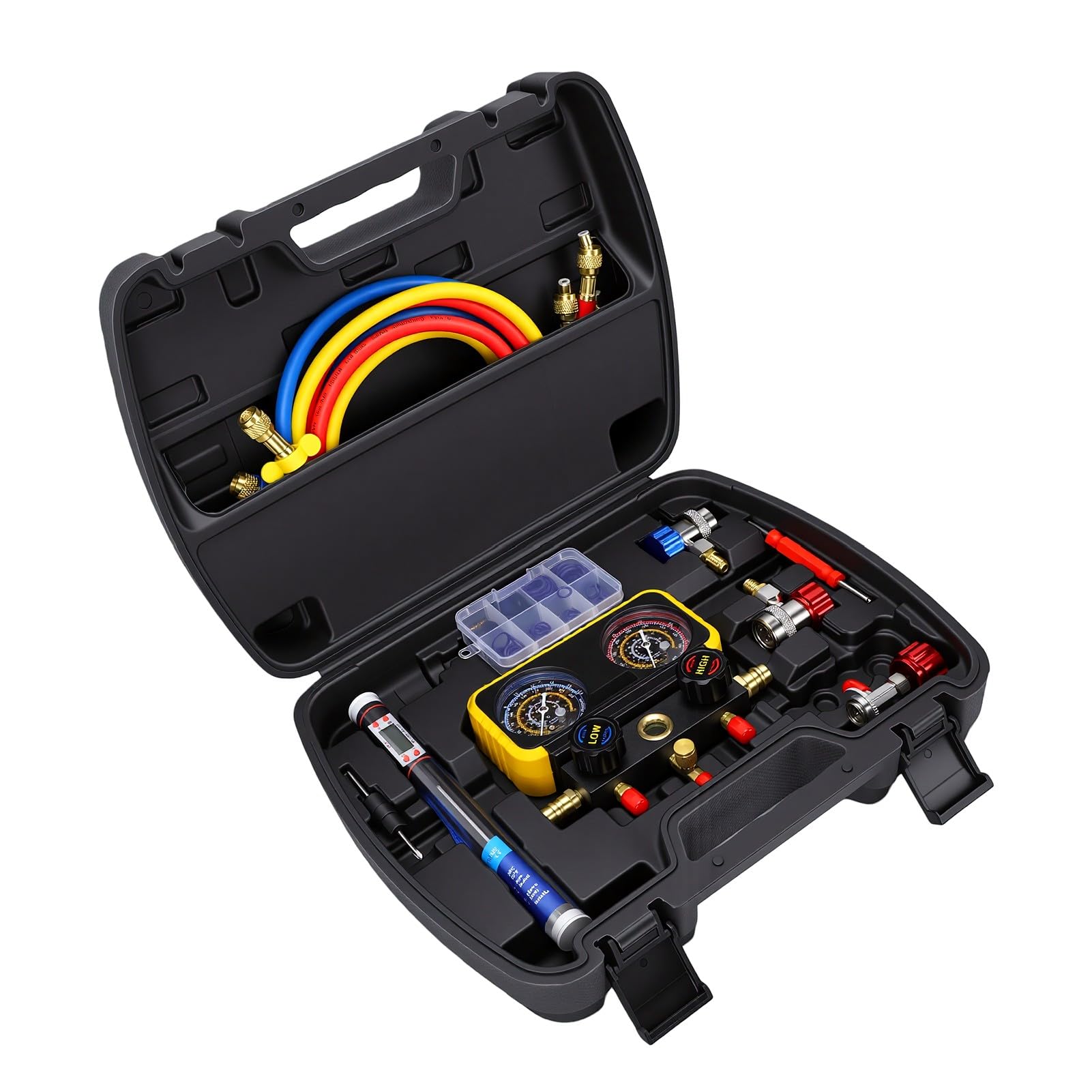 Tbest Juego de Manómetros de Colector HVAC R134A Kit de Manguera y Manómetro de Diagnóstico de Aire Acondicionado con Accesorios de Conexión Rápida para Carga de Refrigerante, Vacío y
