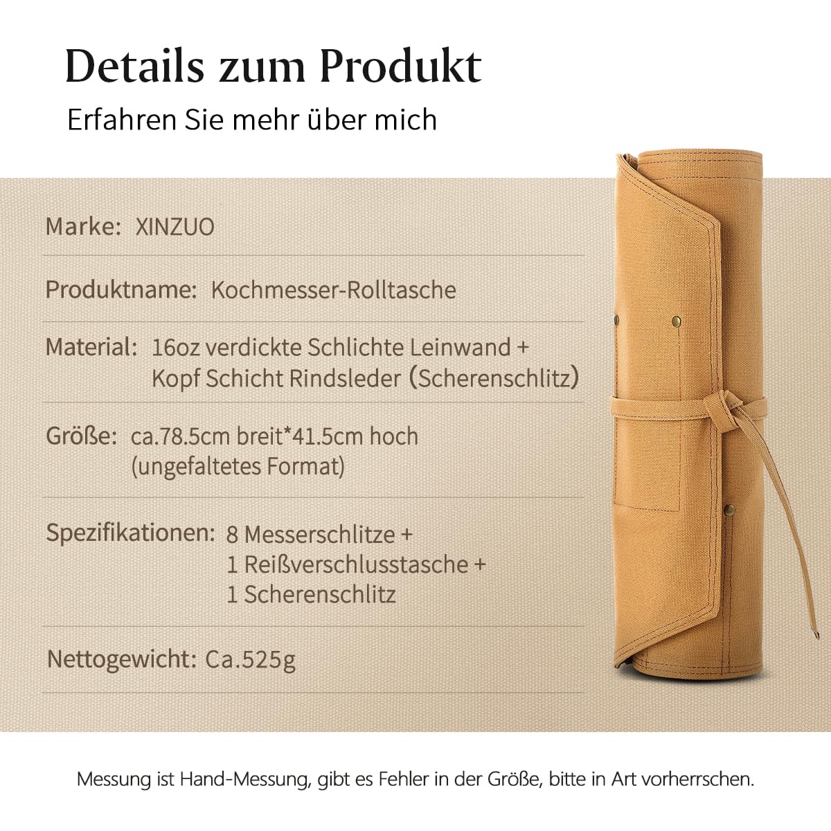 XINZUO Messertasche 78,5cmx41,5cm, Profi Koch Rolltasche, Universal Etui für Koch 8 Slots, 16oz verdickte Leinwand, können Küchenwerkzeuge halten, tragbare Messer-Werkzeugtasche (nur Tasche)