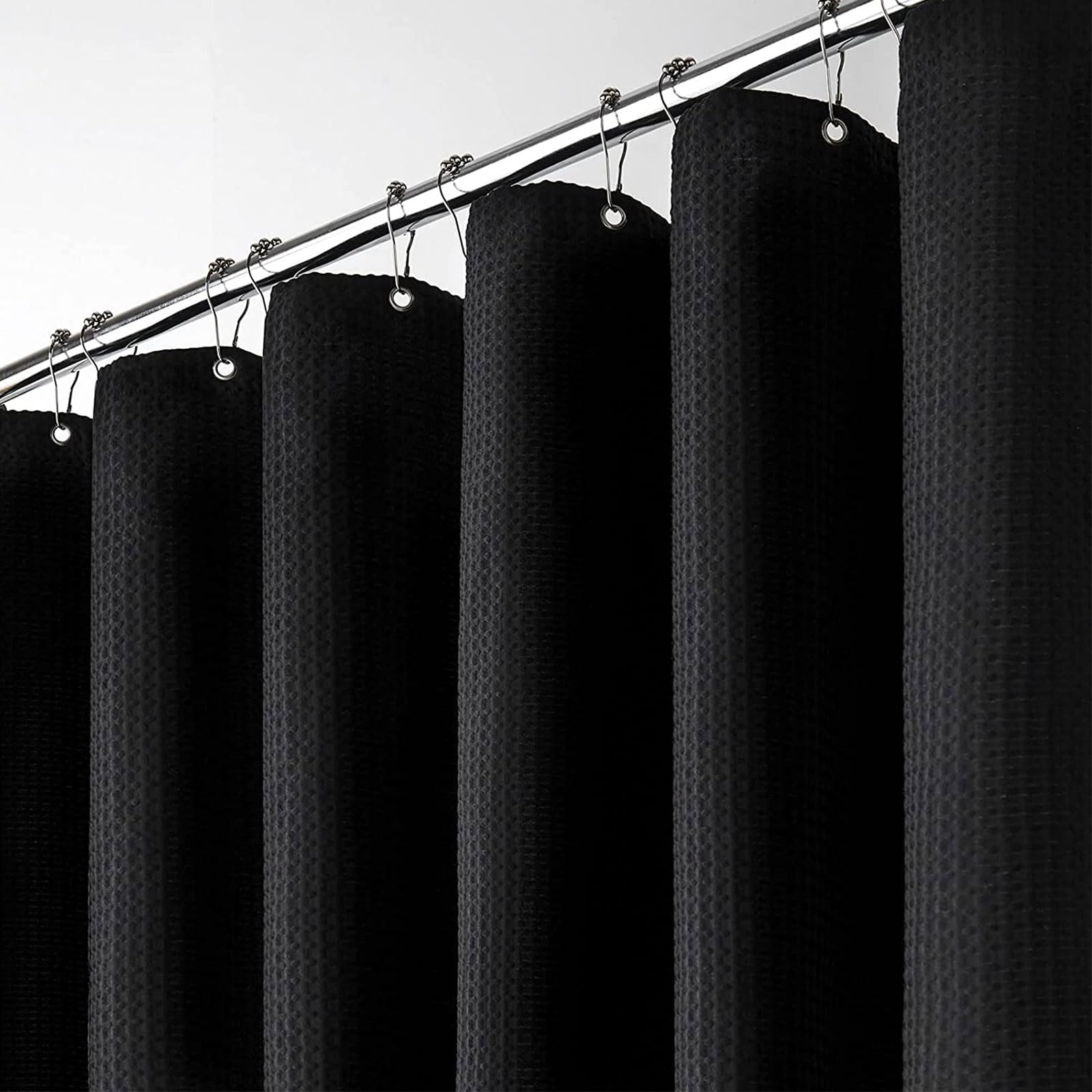 BTTN 122 x 182cm Drop Narrow Waffle Shower Curtain, Small Mould Proof Resistant Heavy Duty Fabric Wet room Shower Curtains, Waterproof Weighted Cloth Shower Curtain Set with 8 Plastic Hooks, Black — image 1