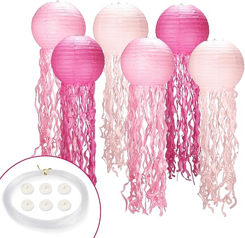 Decoraciones de cumpleaños de sirena, decoración de medusas, paquete de 6, faroles de medusas rosas con cuerda y gancho, medusas colgantes para