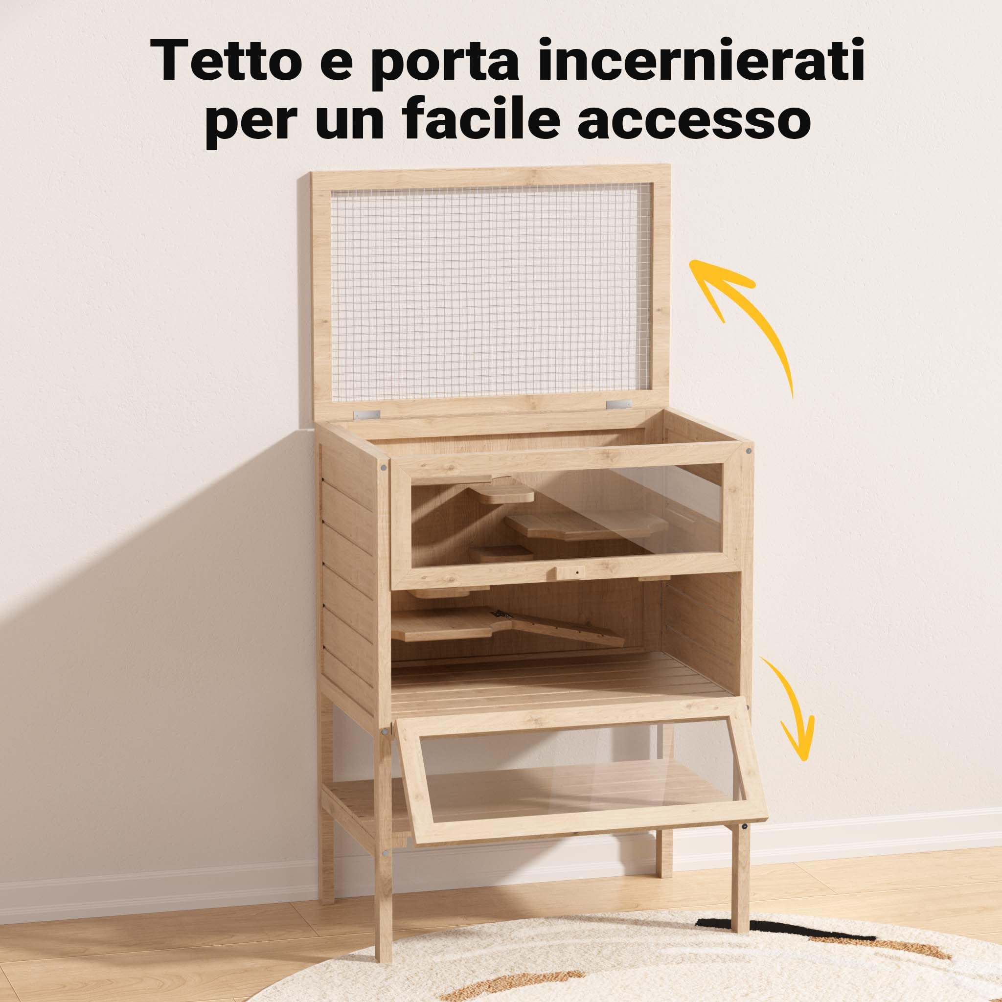 Gabbia per roditori piccoli animali a 3 livelli in legno e plexiglas con tetto apribile