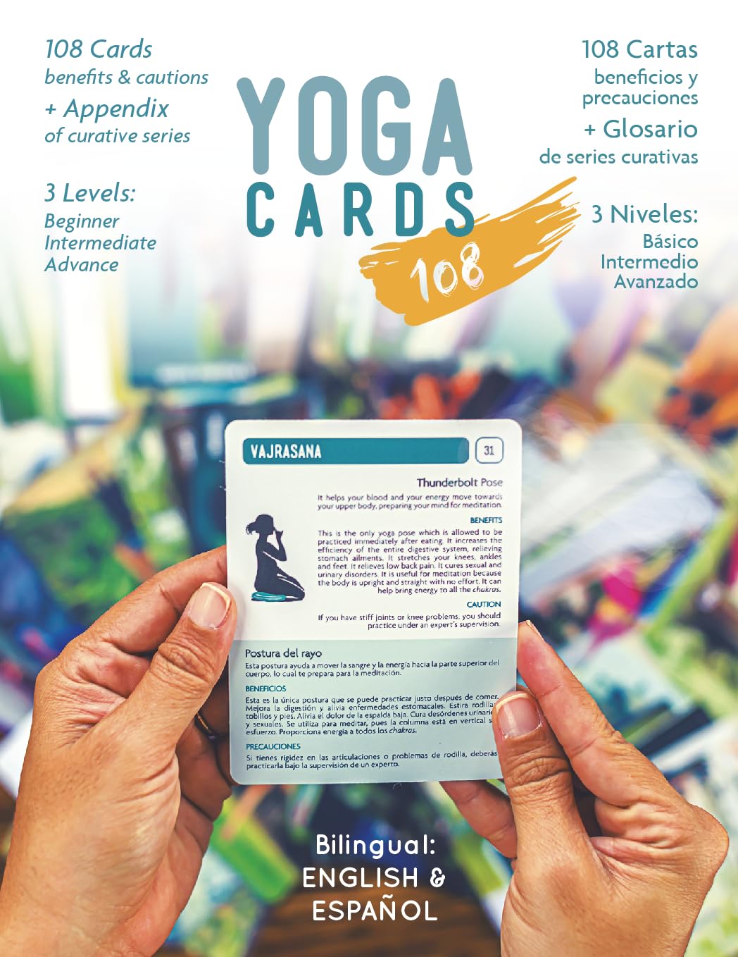 Lettere Yoga 108 Asanas – Yoga Cards bilingue (spagnolo/inglese), Livelli da principiante a avanzato, con guida terapeutica e scatola metallica