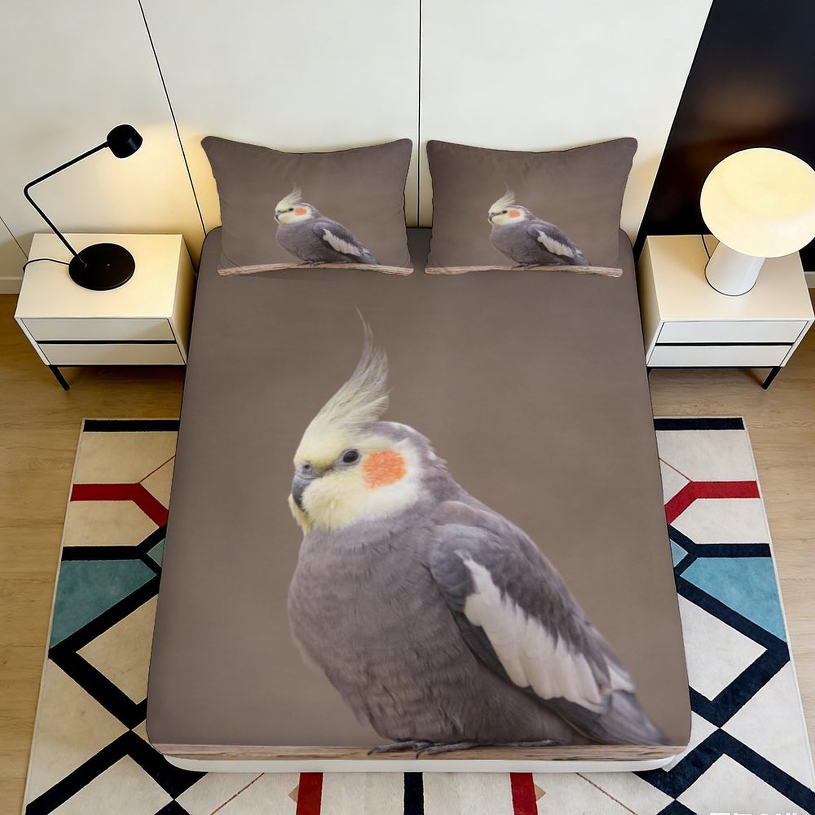 3D Printed Cockatiel Fitted Sheet Microfiber Soft Breathable Parrot Bed Cover for Bedroom Dormitory Guest Room Mattress Protection Decor 160x200x25cm