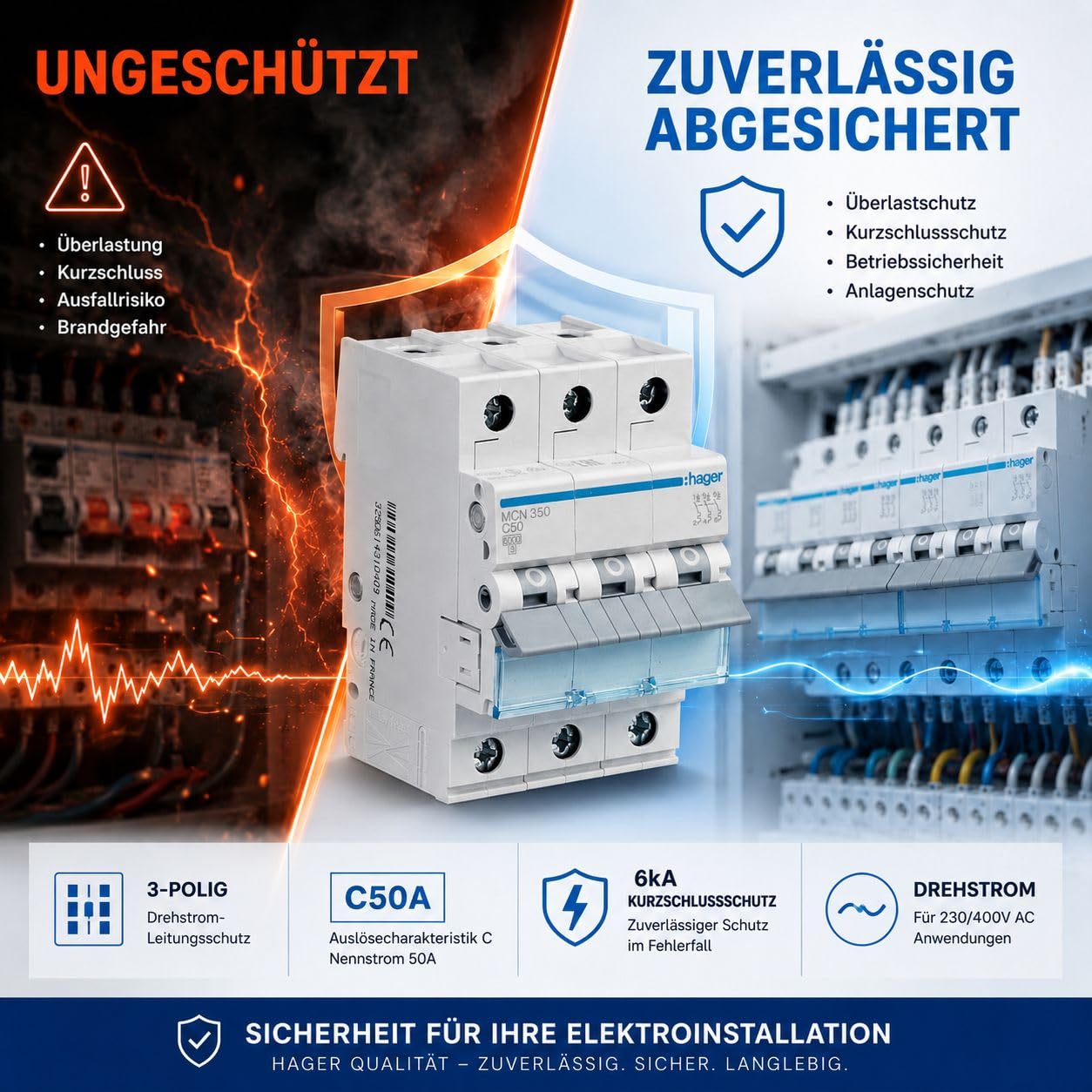 HAGER MCN350 Leitungsschutzschalter 3 polig 50A, C-Charakteristik, 6kA Sicherungsautomat 3P für Drehstrom, biconnect Klemmsystem, LS-Schalter für Hutschiene, 3 Module, 230 400V AC