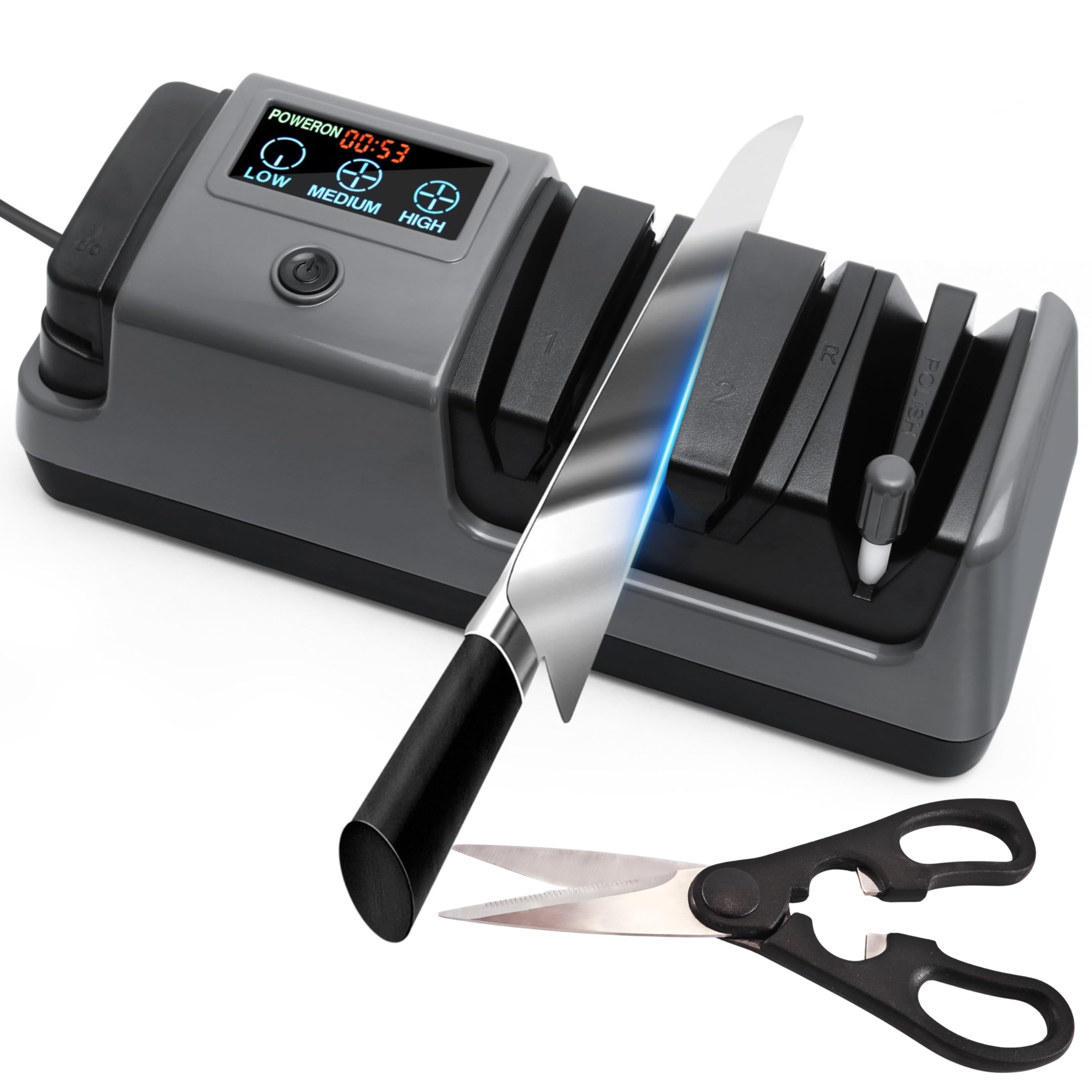 Electric Knife Sharpener for Knives Scissors Axes 5-in-1 Multi-Function Sharpener with Adjustable Speed 3-Stage Diamond Grinding Ceramic Polishing