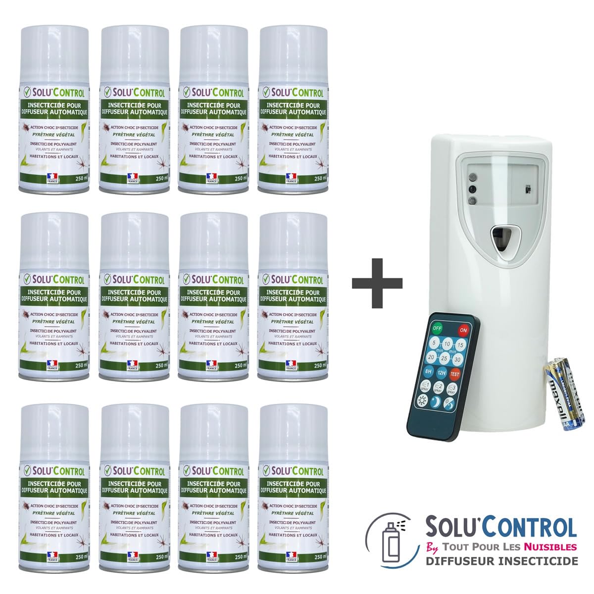 Kit Diffuseur Automatique avec Télécommande + 12 Aérosols Insecticide au Pyrèthre Végétal 250 ml - Anti-Mouches & Anti-Moustiques - Action Choc pour Volants et Rampants